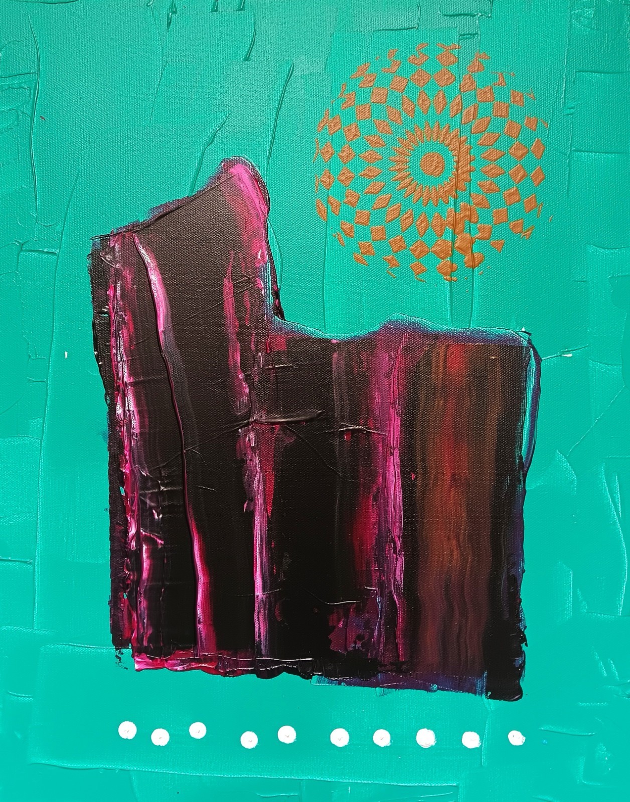 Small abstract original black turquoise blue pink red ochre «Fajada Butte»