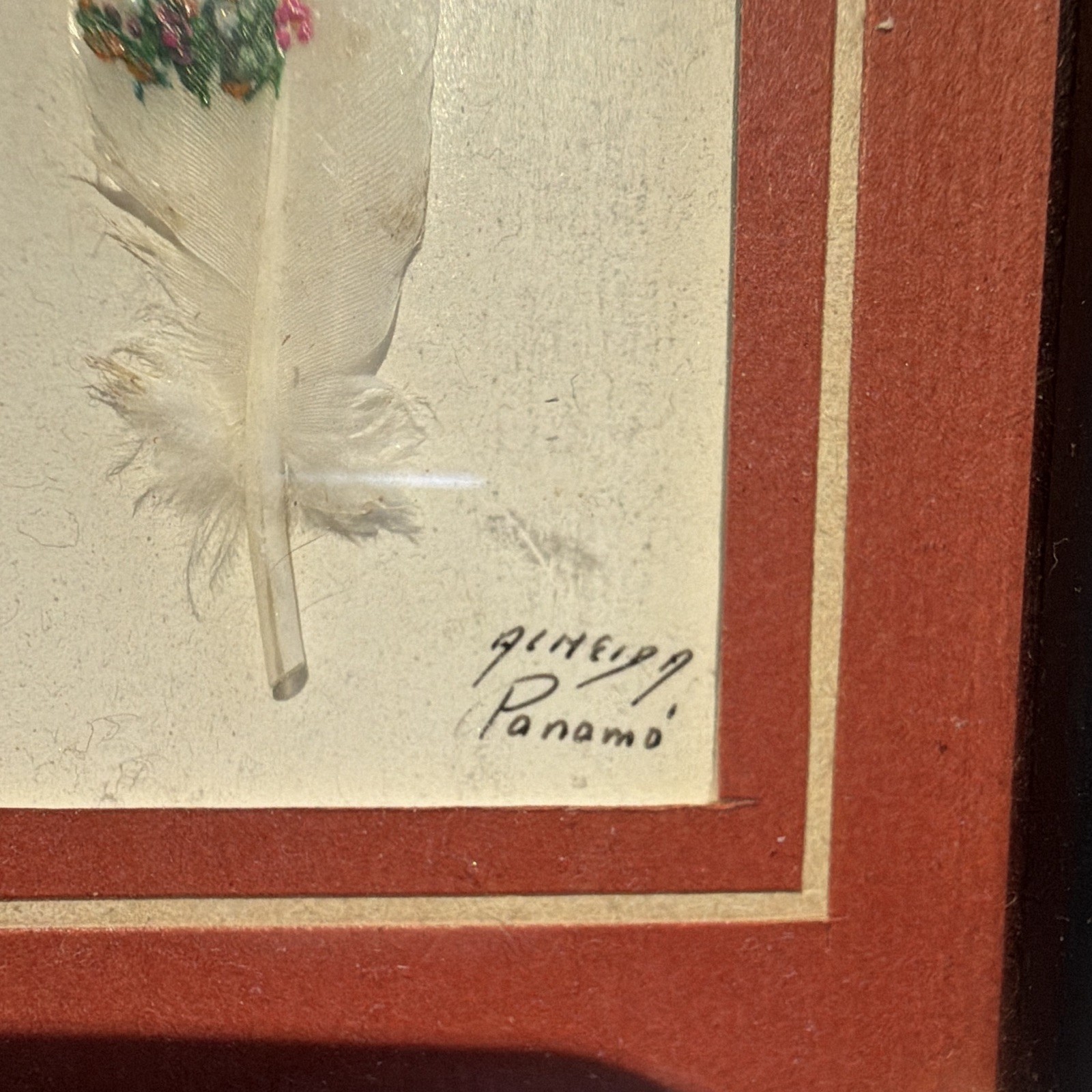 Panamá Signed Hummingbird & Flowers Feather Painting Matted Framed
