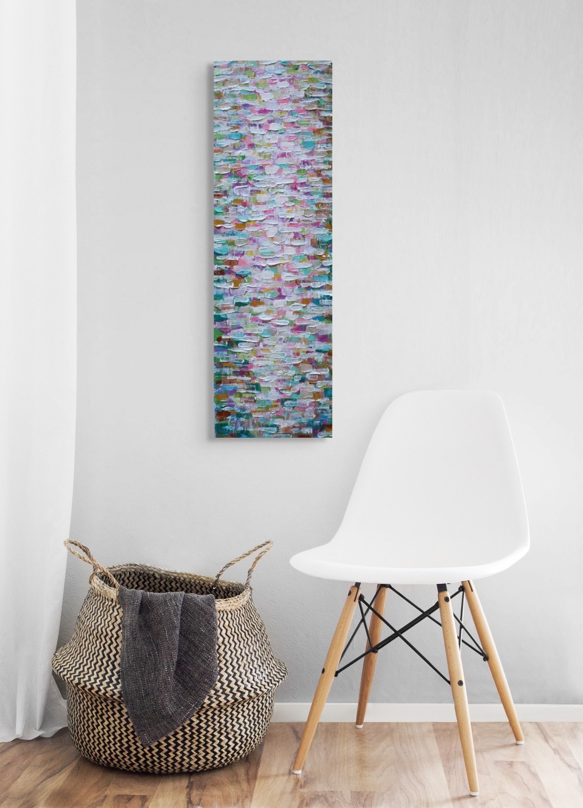 Abstract Coastal Painting 8×24 Textured Pink Blue Green Wall Art Original