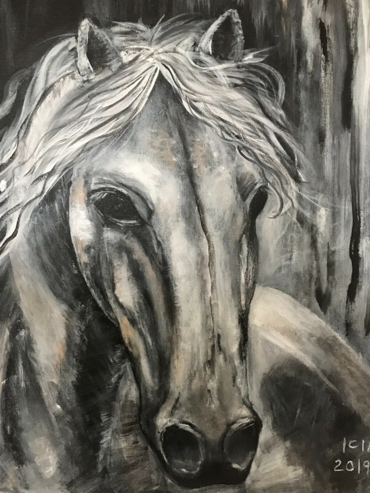 Original acrylic painting- horse black white canvas 16x20x0.5 in, wall decor,