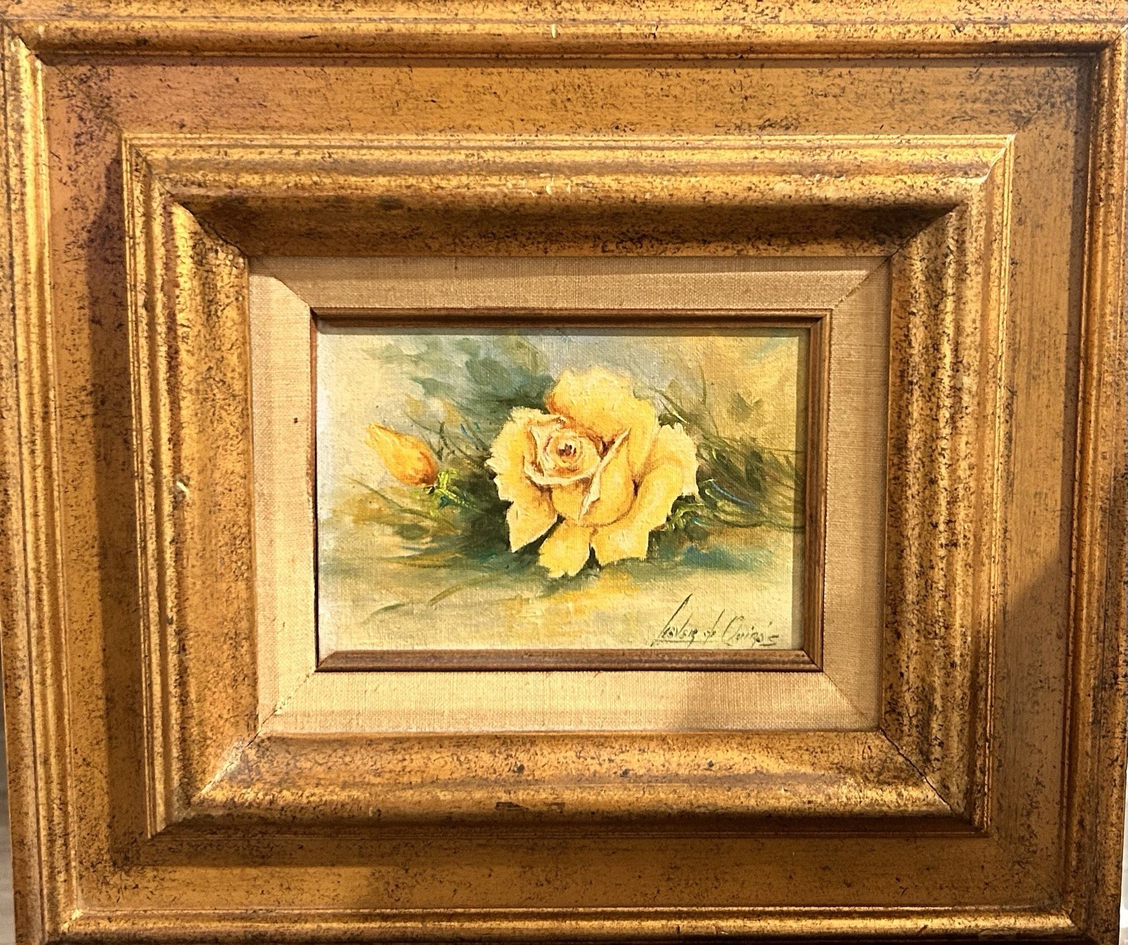 Vintage Yellow Rose Oil Painting in Ornate Gold Frame