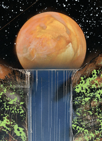 Original Painting with Waterfall Moon and Vegetation at Night signed by Girard