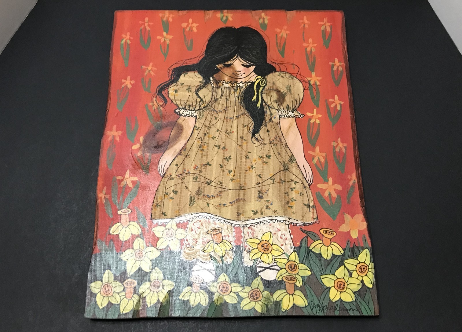 Vintage 1970’s Small Painting On Wood Folk Art – Jan McPherson