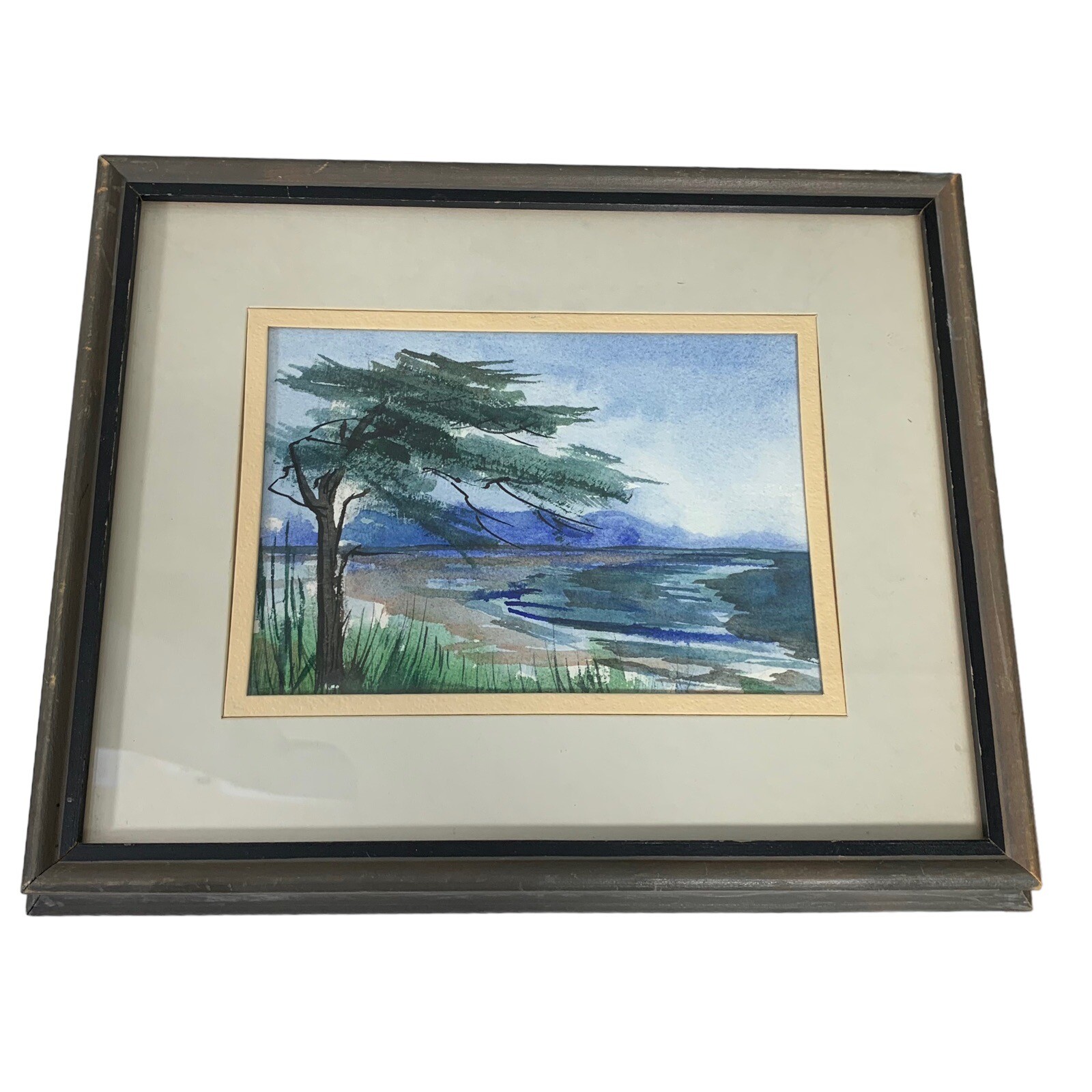 Watercolor Painting Original Framed Matted Art Green Blue Tree Nature Scene