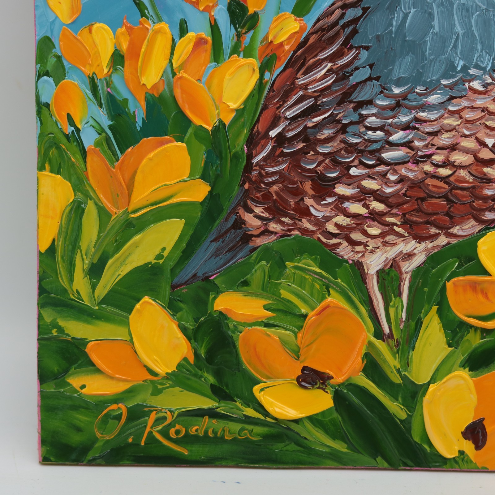 Quail Oil Painting California Poppy Flower Art Original Impasto Bird textured