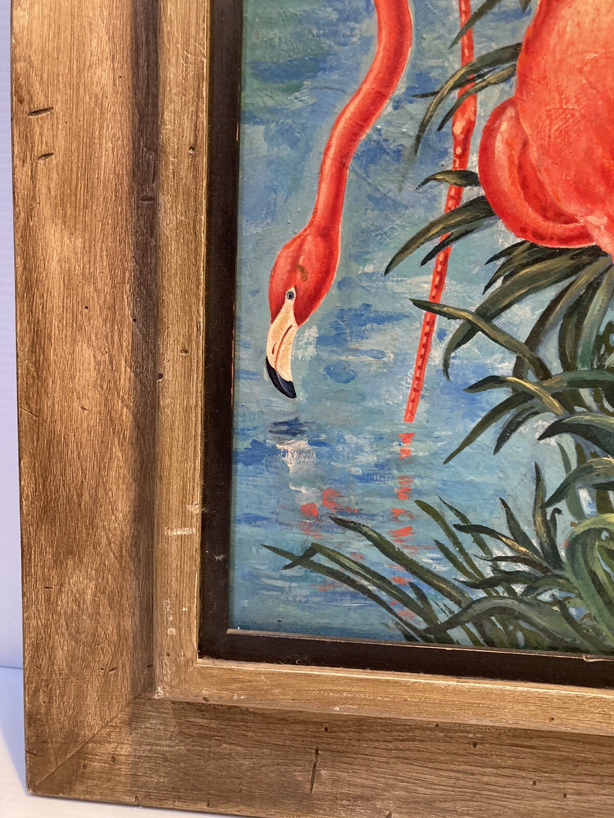 SIGNED MID CENTURY ABSTRACT MODERNISM FLORIDA FLAMINGOS ILLUSTRATION PAINTING