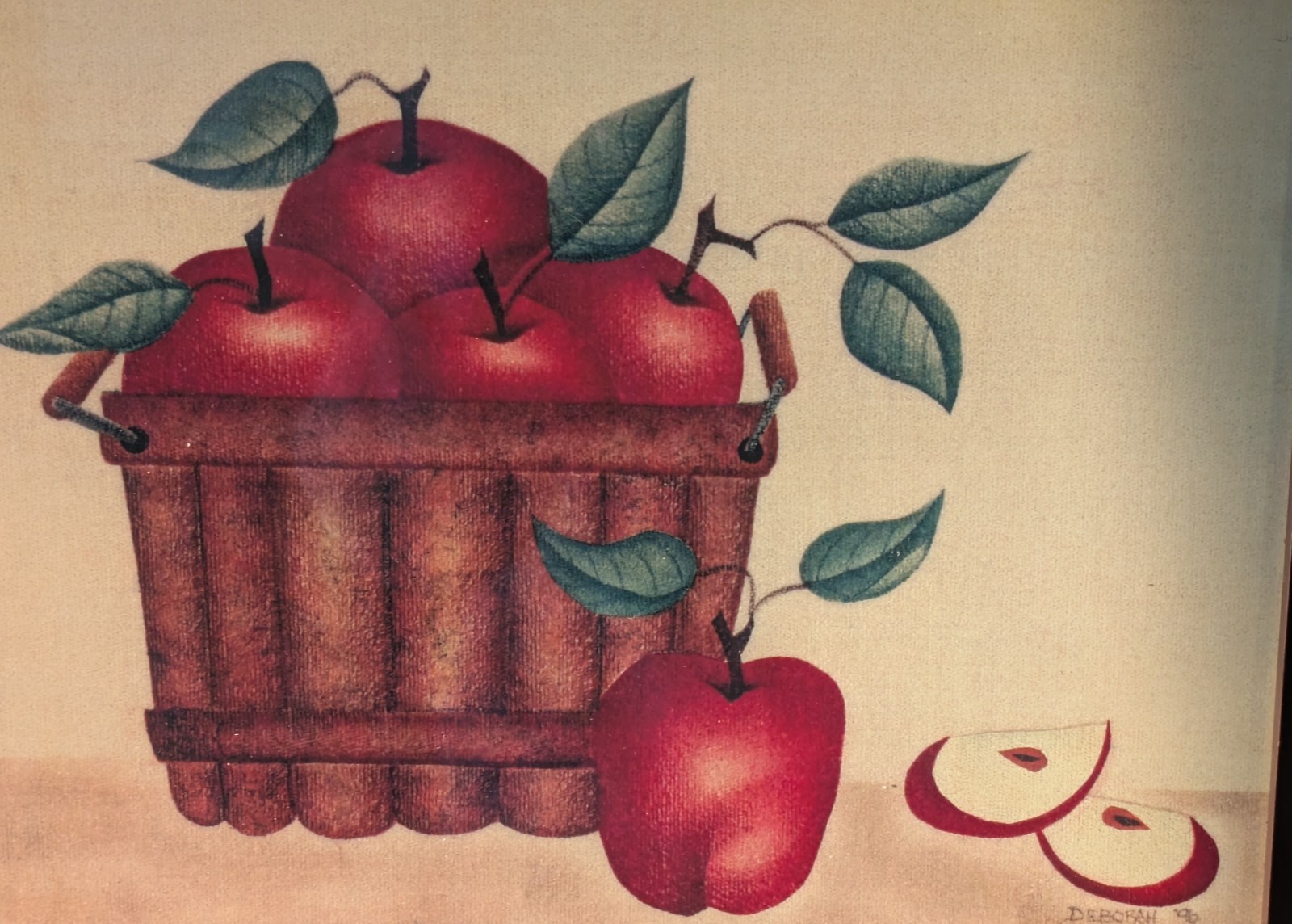 Vtg Theorem Painting Signed DEBORAH 96′ Apples In Basket Framed 9.5″x11.5″ VGC