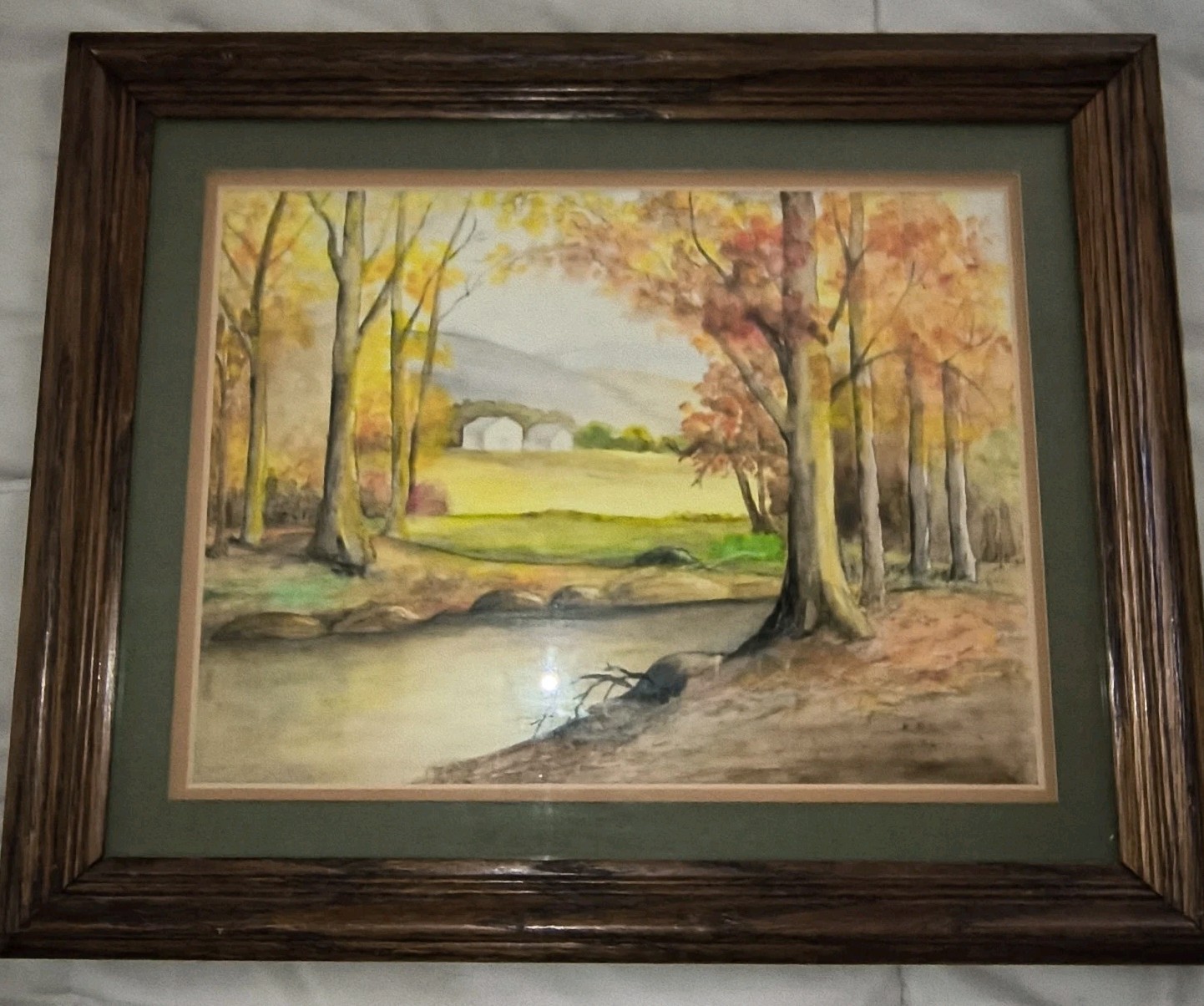 Original Watercolor Painting Autumn Fall River Wood Stream Scene Signed 1966