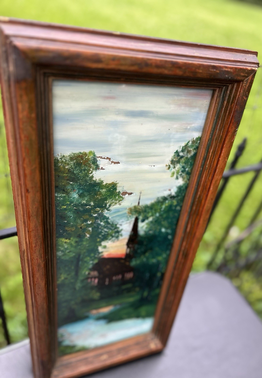 Antique Wood Frame Reverse Painted Church Landscape Germany Signed Chas Bauerle