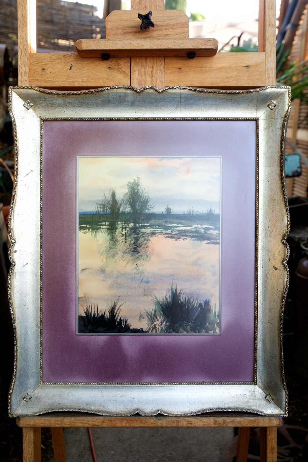 Vintage Landscape Painting Velvet Mat & Silver Frame Hollywood Regency 23 1 2″
