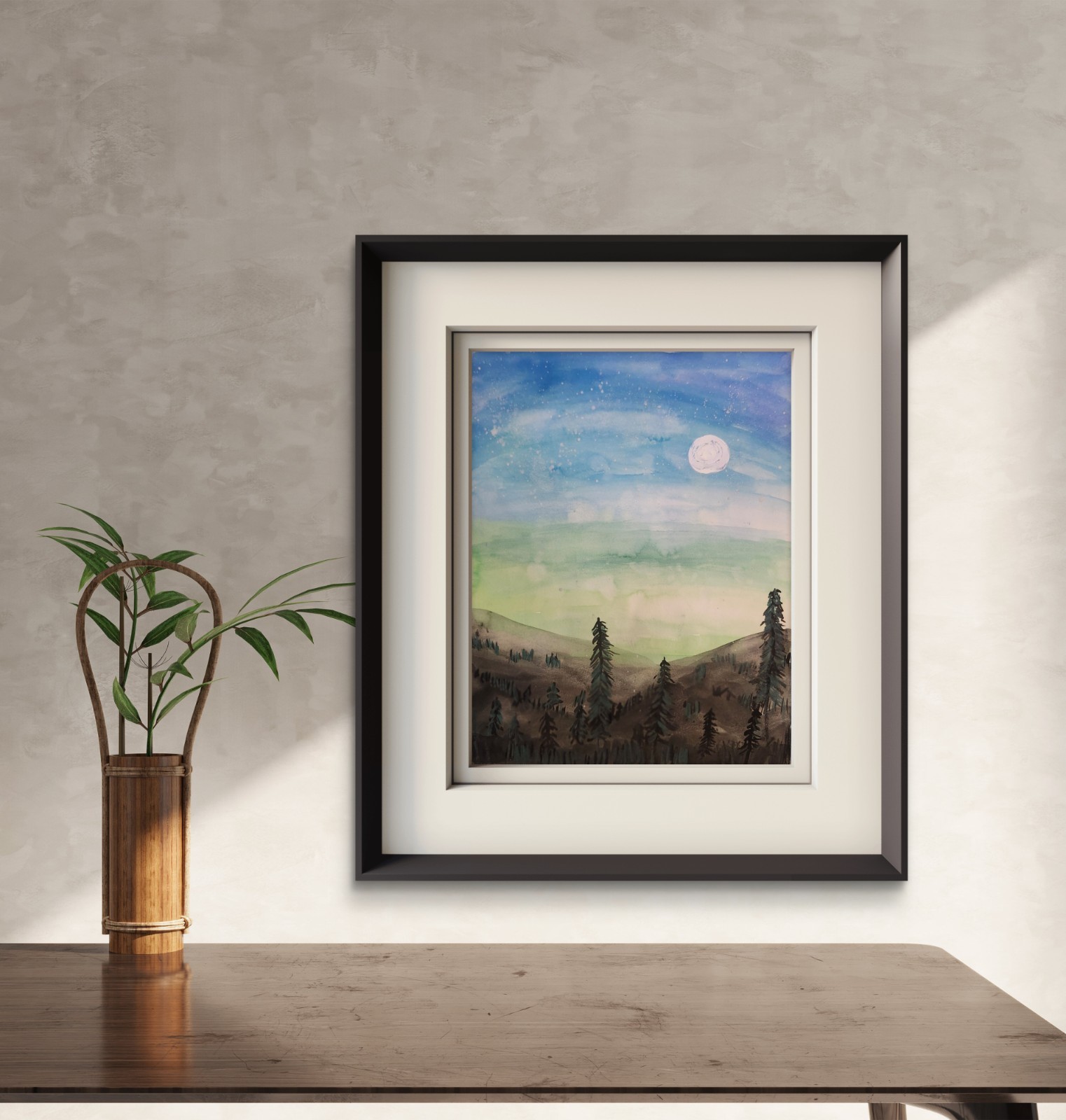 Full Moon Over Desert Expressionist Art Painting Watercolor 9×12 Gallery Paper