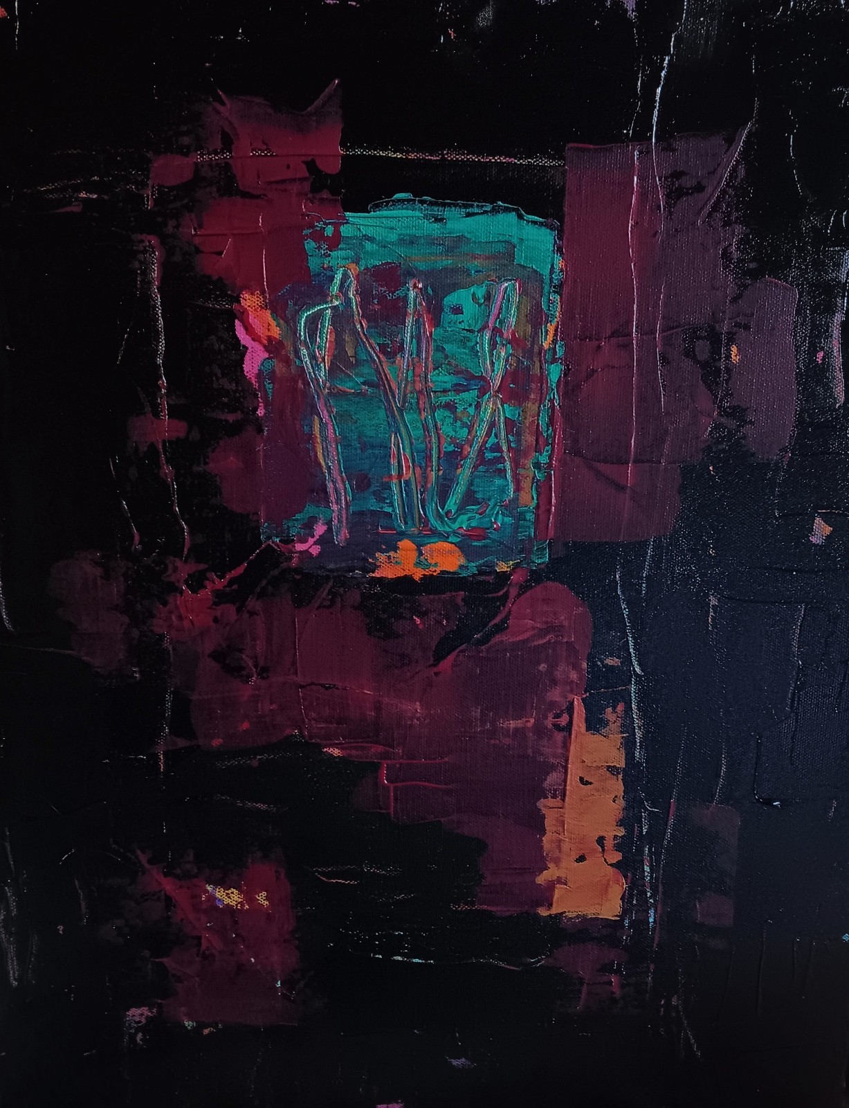 Small abstract original black turquoise blue pink red ochre «Beneath The Stars»