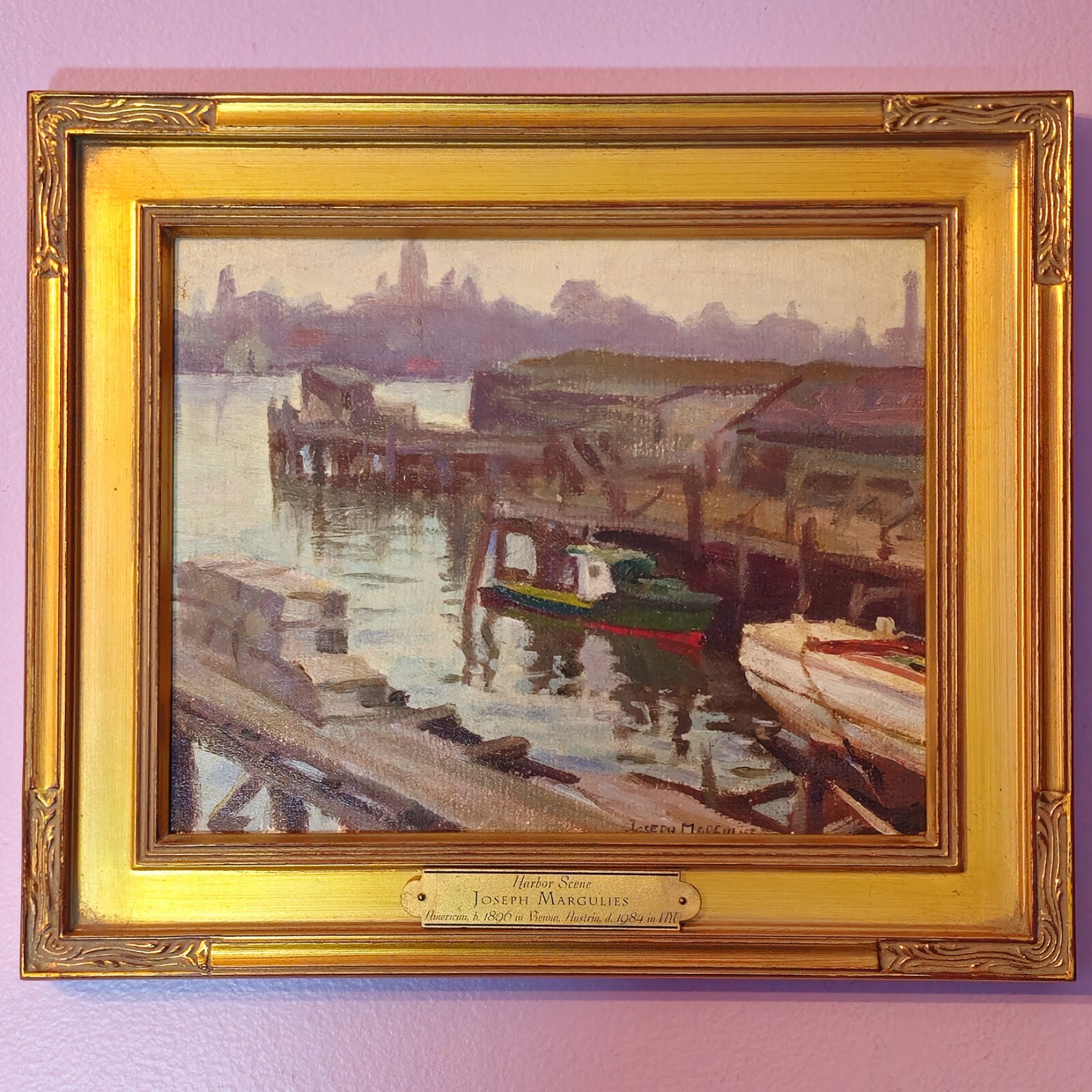Joseph Margulies (1896-1984) – Oil On Board Painting – Harbor Scene – Gilt Frame