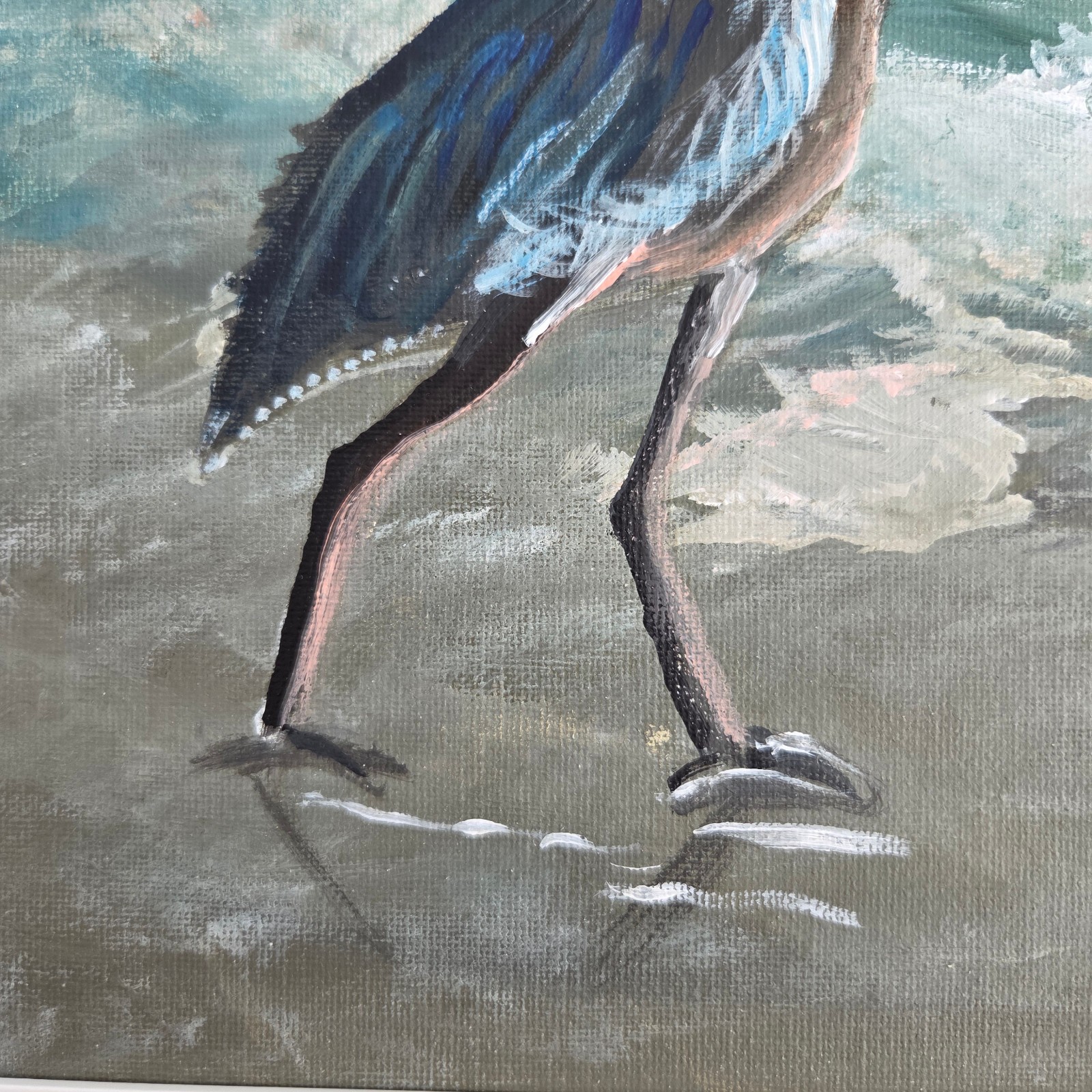 Original Painting Wall Art Blue Heron Frame in Gulf Sea 16.5 x 13.5″ Artist Sign