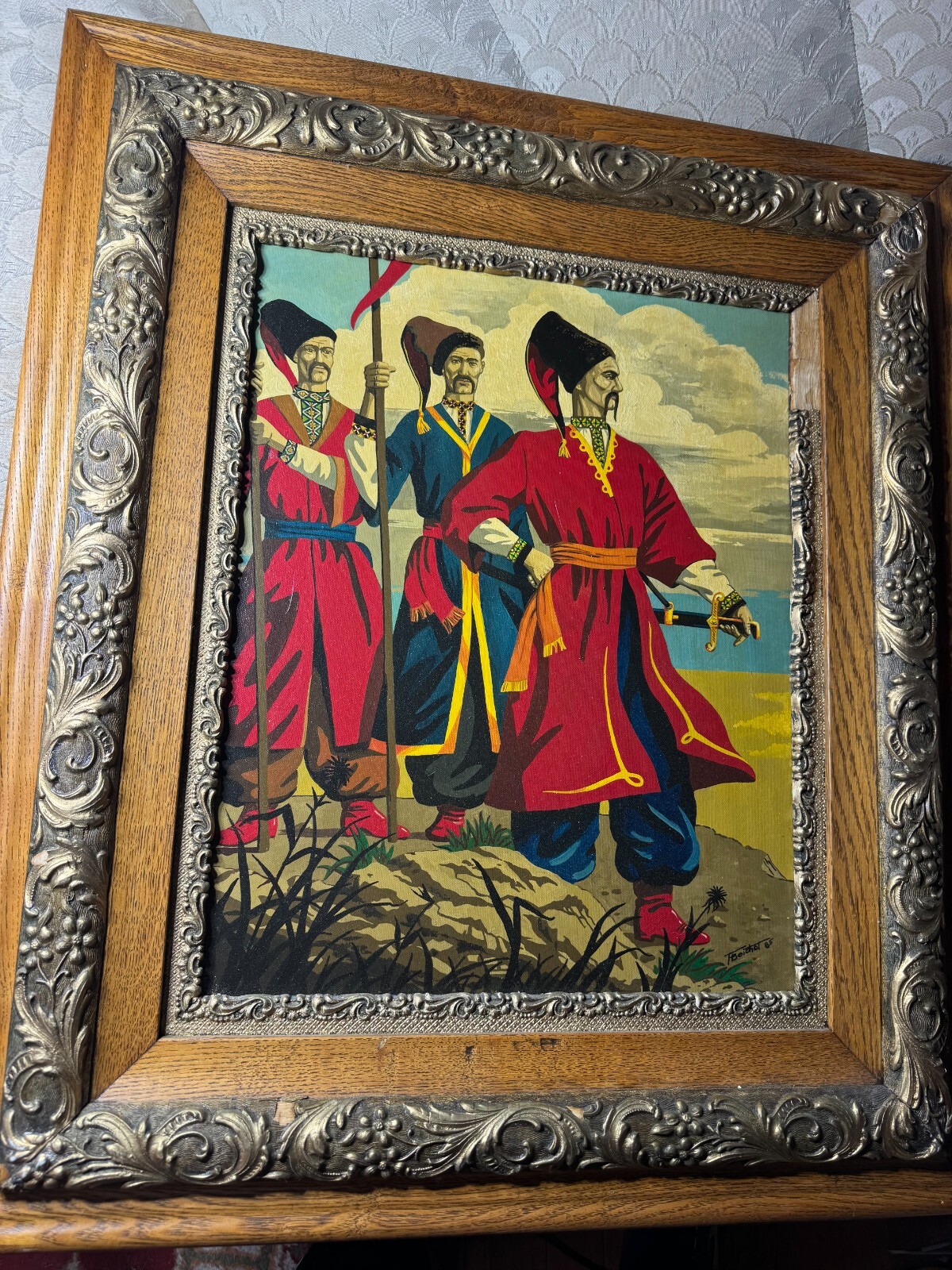 F Beichot? 1985 «Three Russian Men Scene» Oil Painting – Signed And Framed