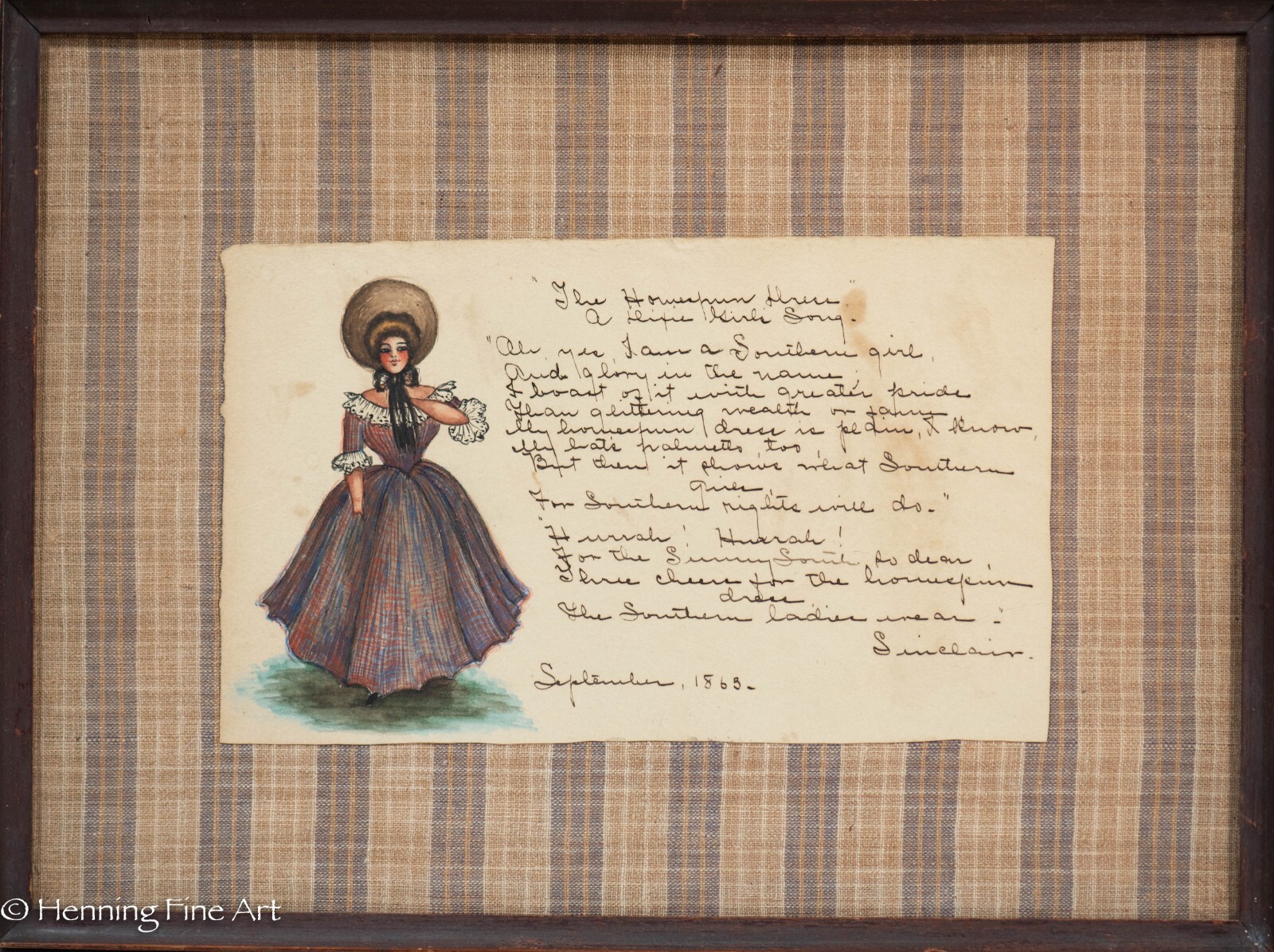 Rare Carrie Belle Sinclair Poem Homespun Dress Civil War Folk Art Music, 1863