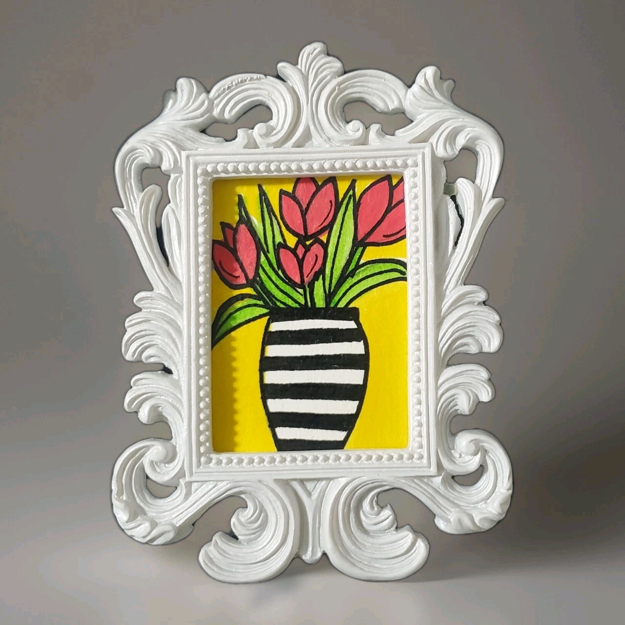 dollhouse 3/4 flower in vase Painting framed cute funny miniature wall art