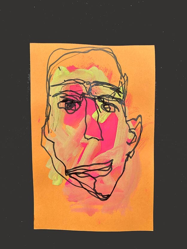 Man Portrait Painting Naive Outsider 4×6 Small Affordable Art Orange April Fool