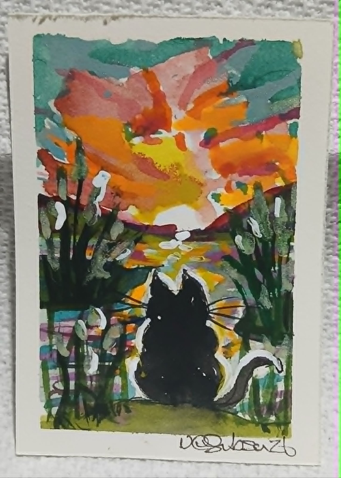 OOAK Watercolor ACEO – Cat at Molten Sky Sunset – Dramatic Firelight Scene by Vi