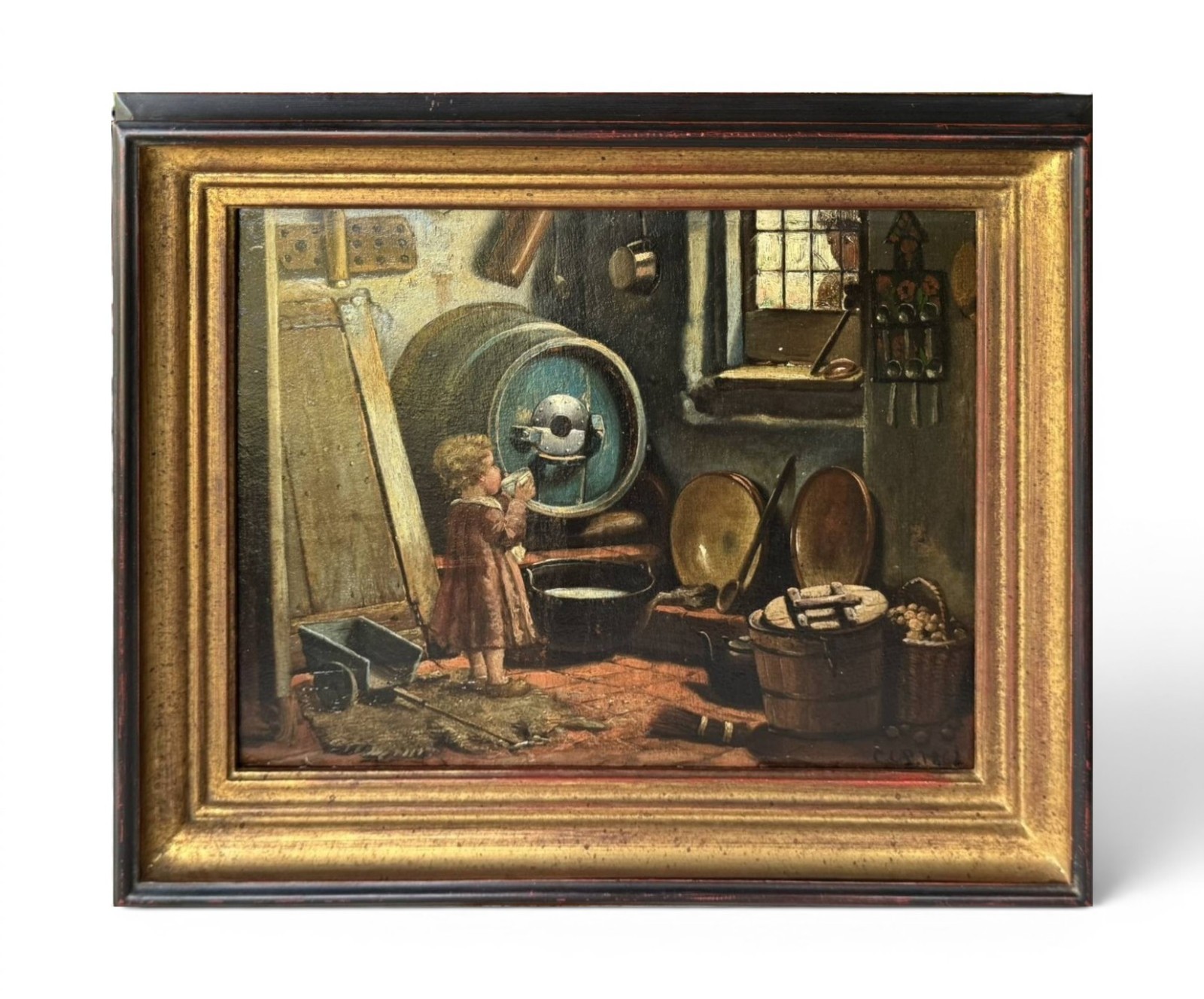 Beautiful Antique Oil Painting of Girl Drinking Buttermilk Victorian Genre