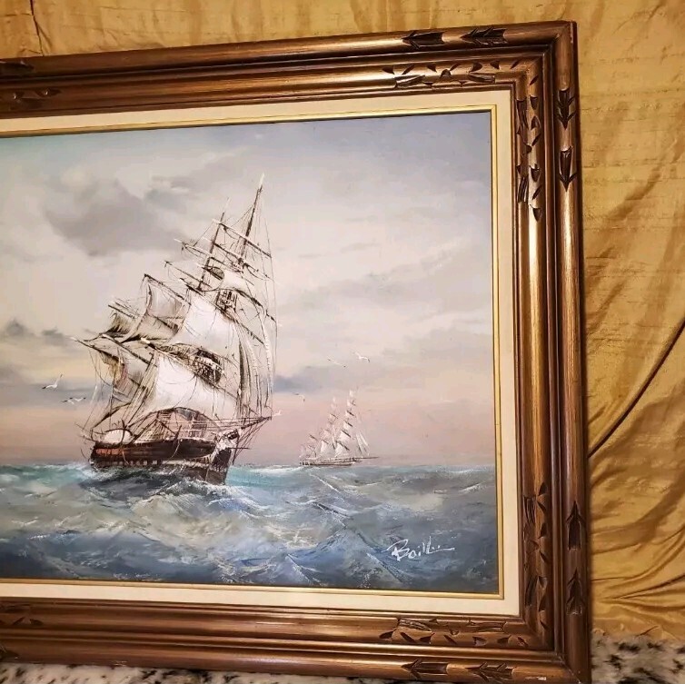 Vintage Signed Baille Seascape Oil Painting Tall Ship Nautical Framed