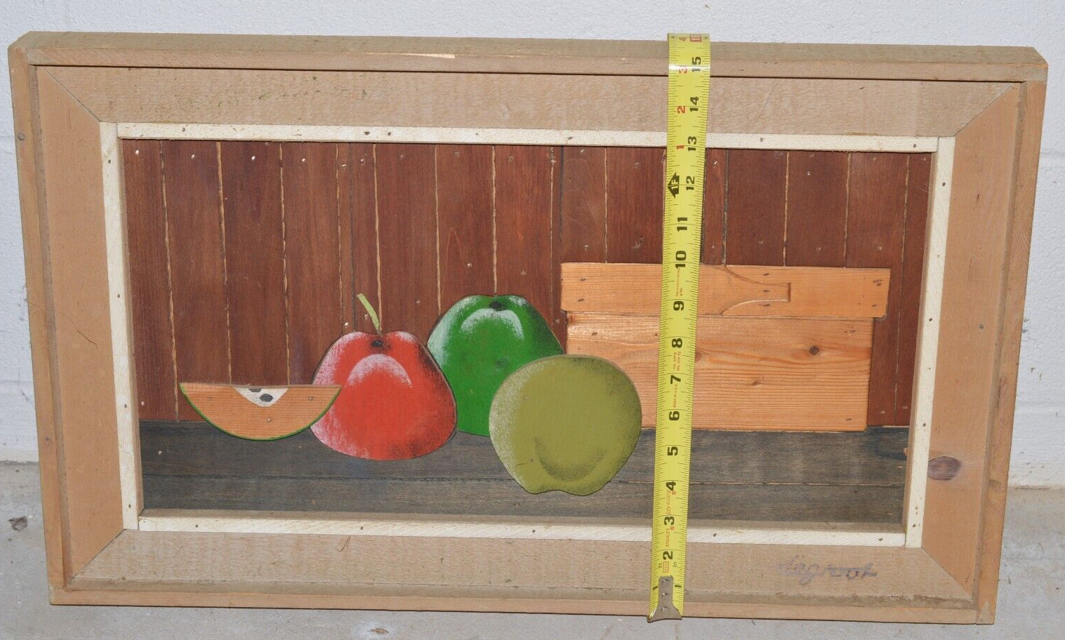 SIGNED Theodore Degroot Lath Art Wood Mosaic Folk Still Life Painting Fruit