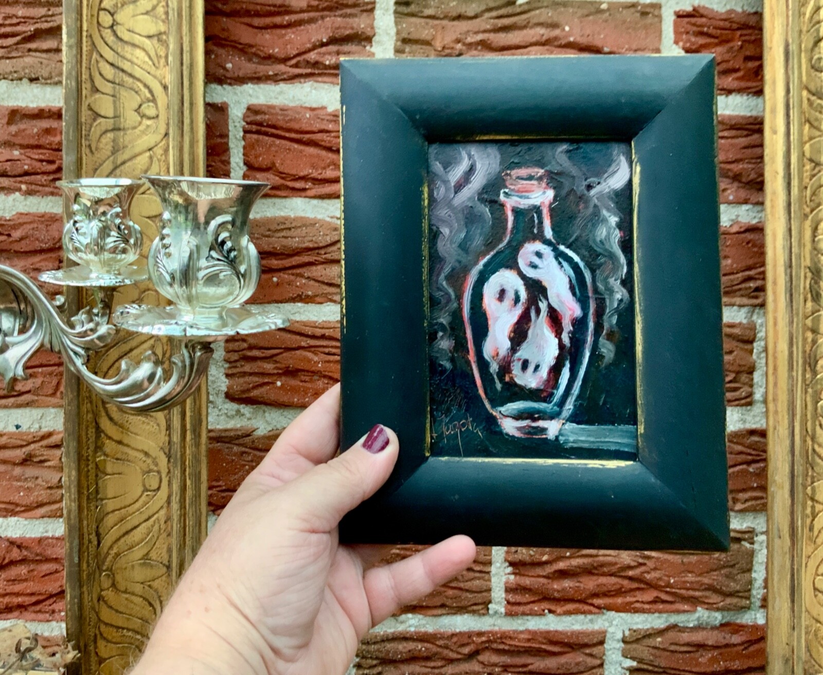 Original Art Ghost Painting Spook Framed 6.5×8.5″ Oil Painting Spooky Artwork