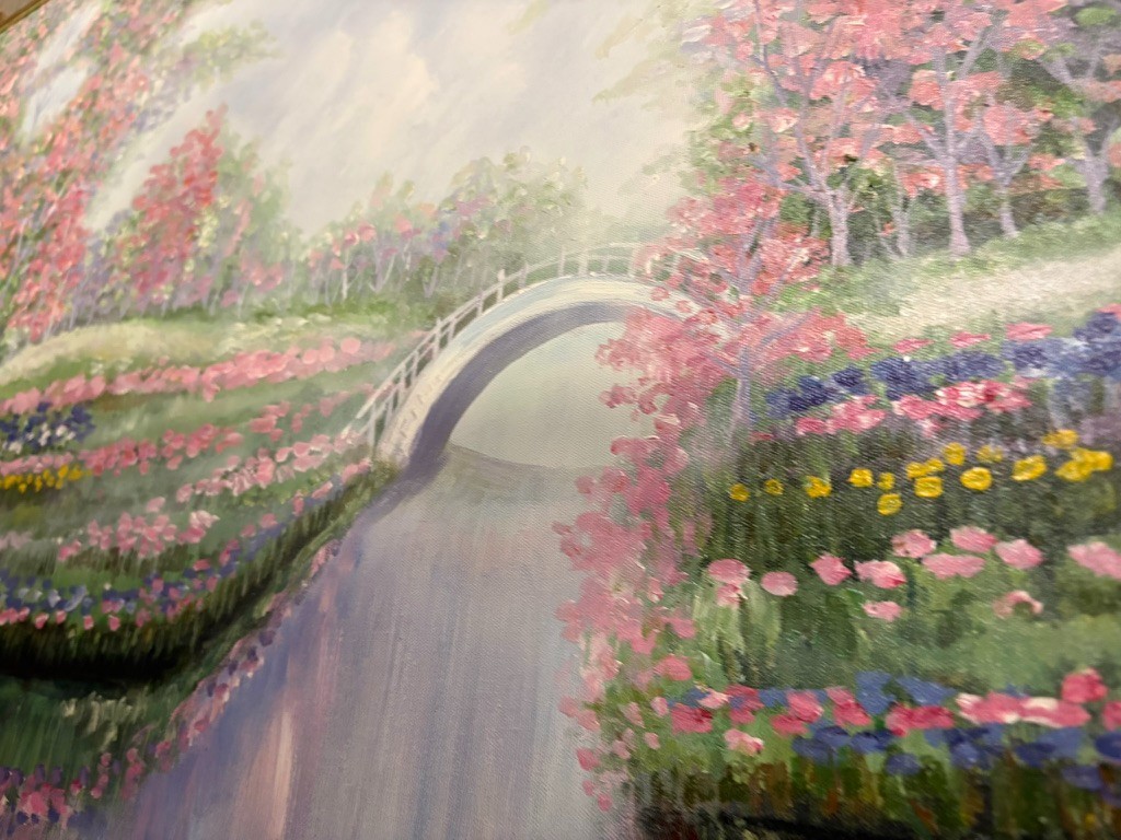 Impressionist Garden Landscape Acrylic Painting Framed Floral Park Scene XL 60″