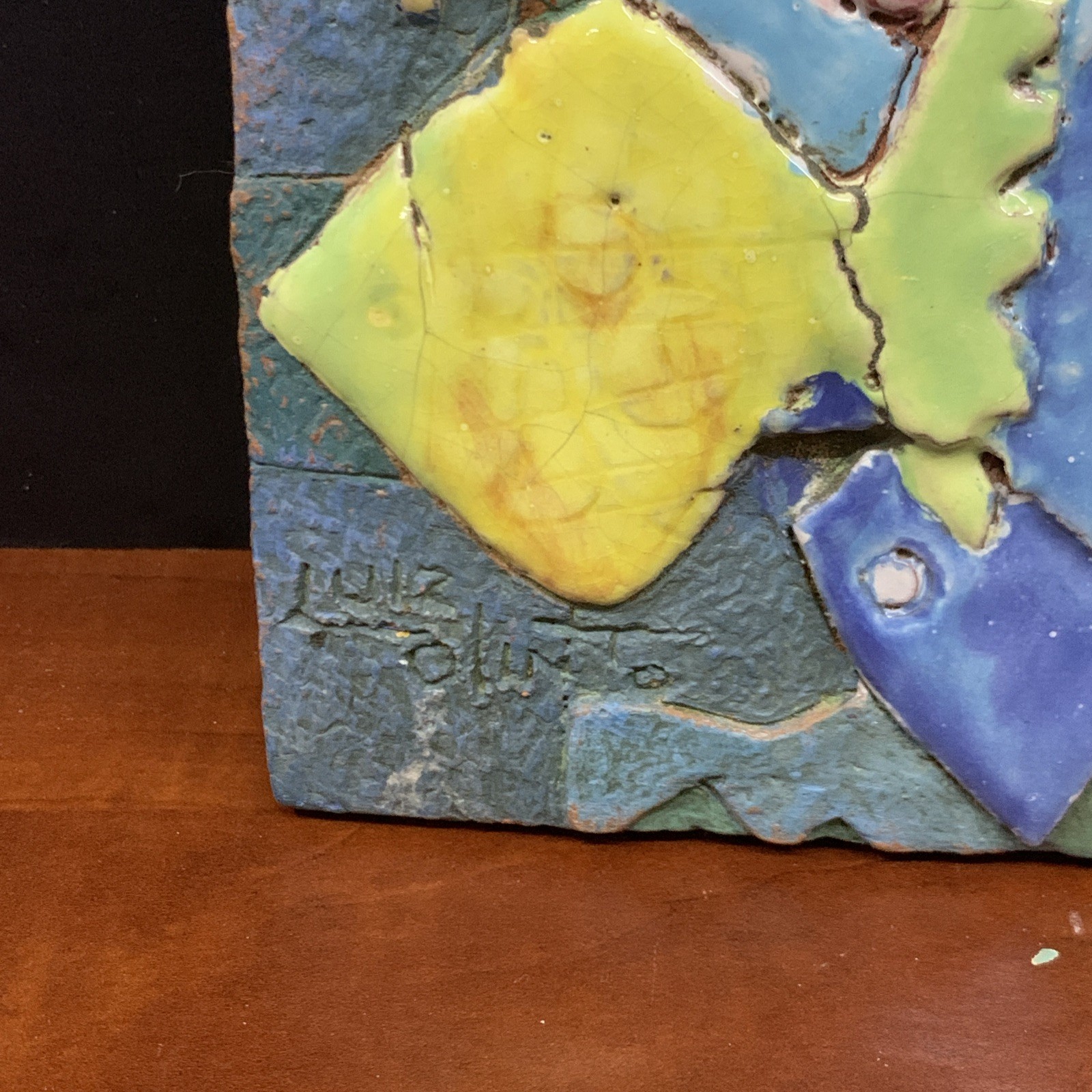 Original Brazilian Abstract Fish Art Tile Painting by Luiz Olinto Hand Made