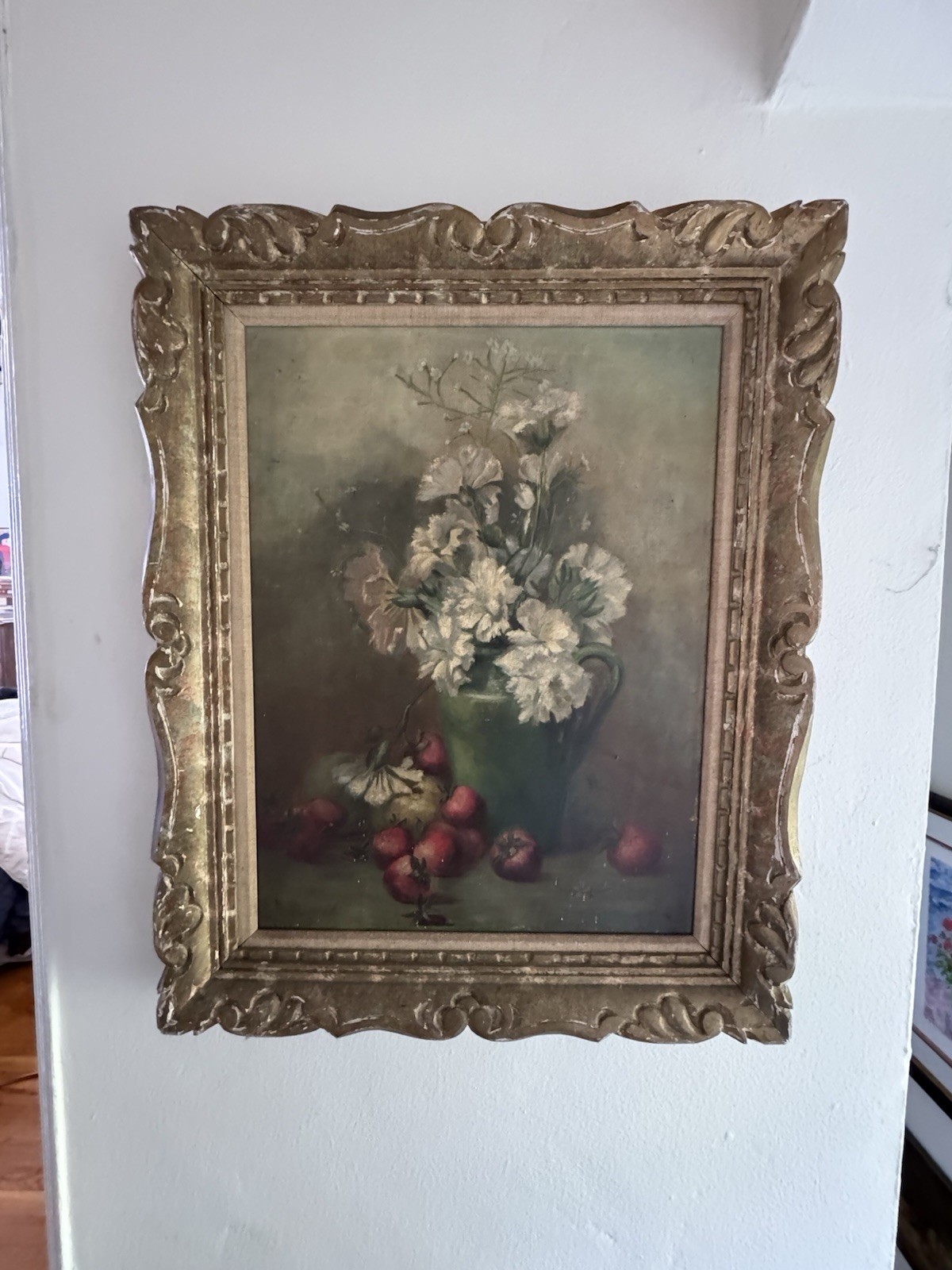 Antique Fine Floral Still Life Oil Painting Pomegranates Carnations Signed c1900