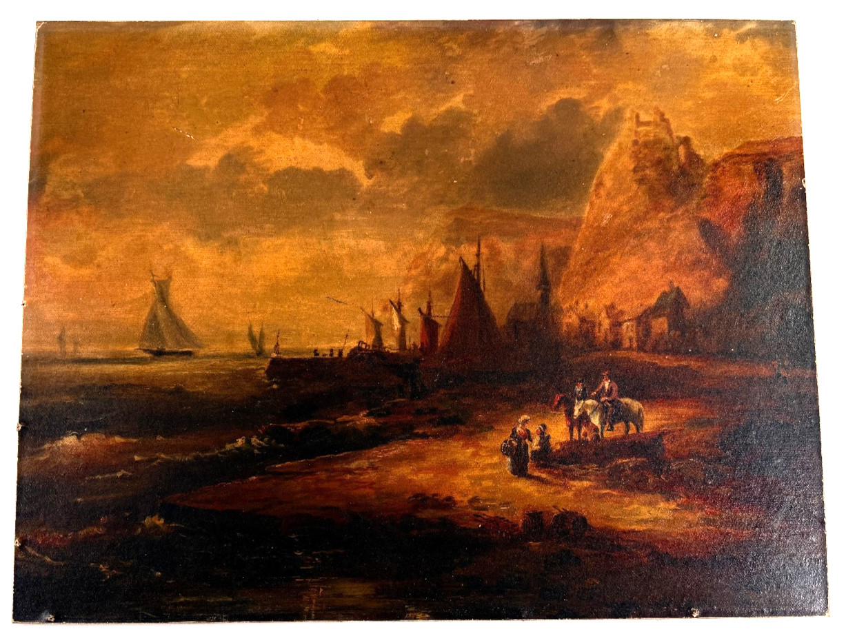 Antique c.1890s Dutch Revival Harbor Scene Oil Painting on Board UNSIGNED