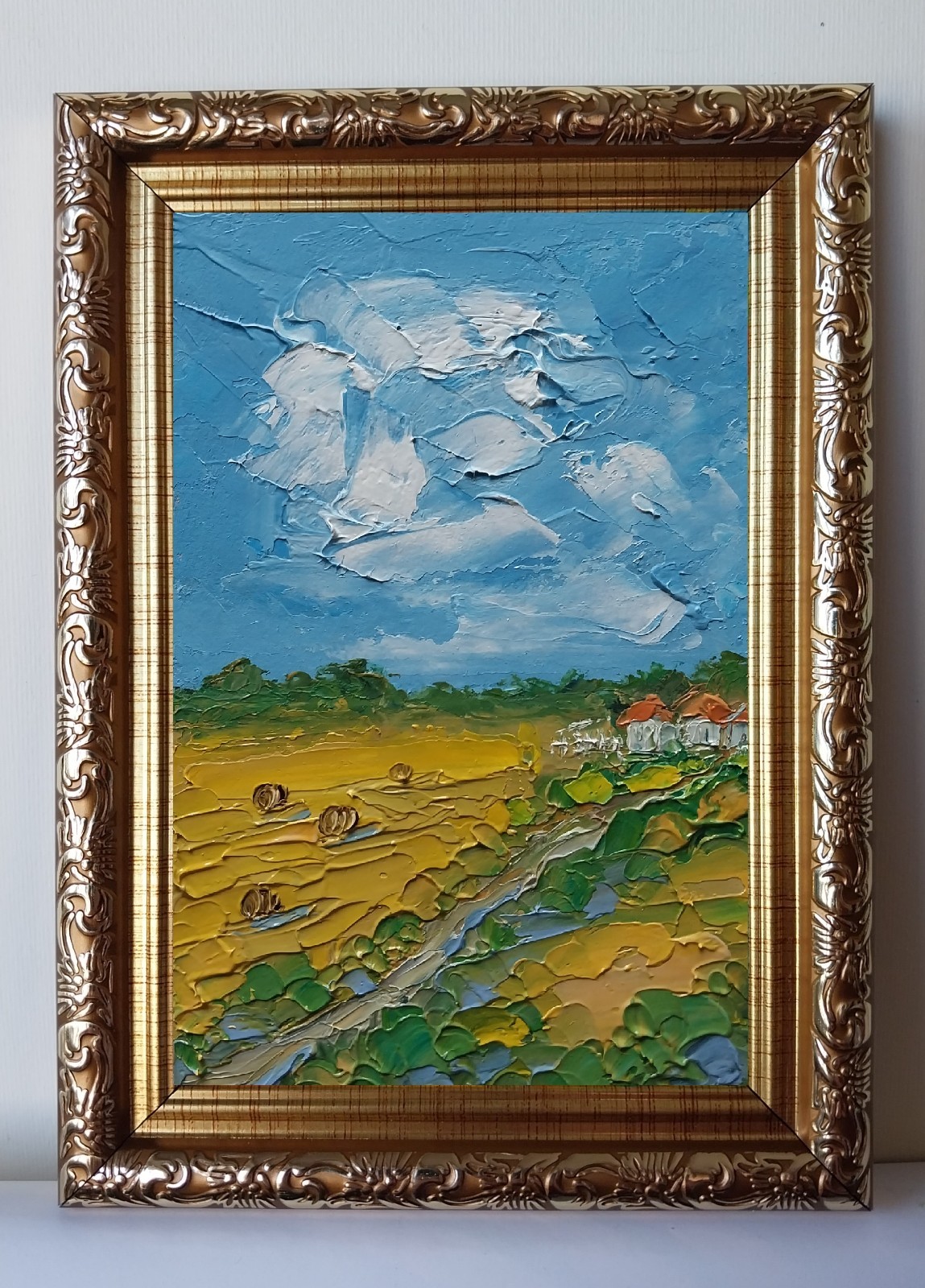 Framed Countryside Farmhouse Landscape Hay Bales Field 4×6 Original Oil Painting