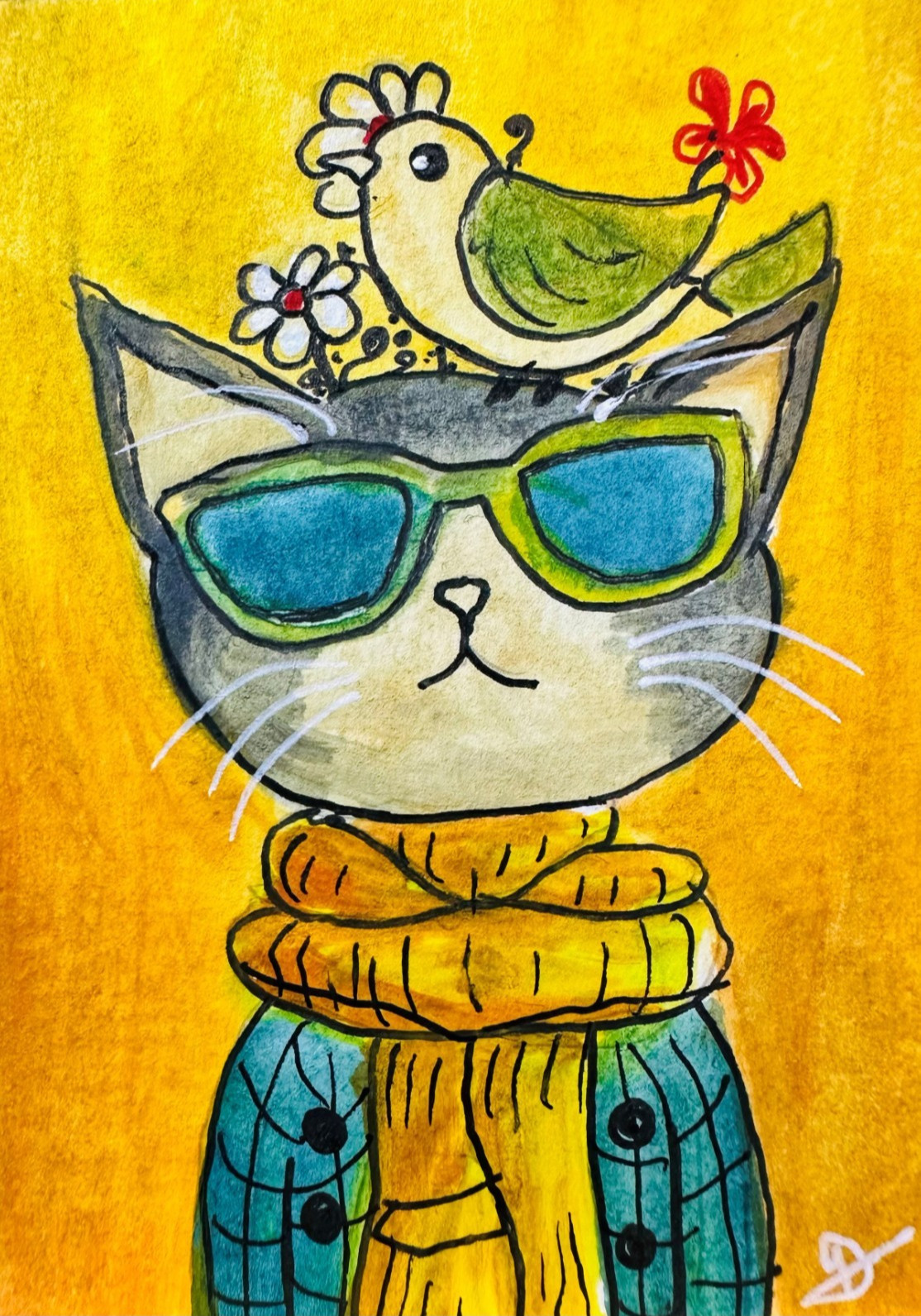 Cat With Sunglasses Yellow ACEO Original Acrylic Painting Cartoon Style Art