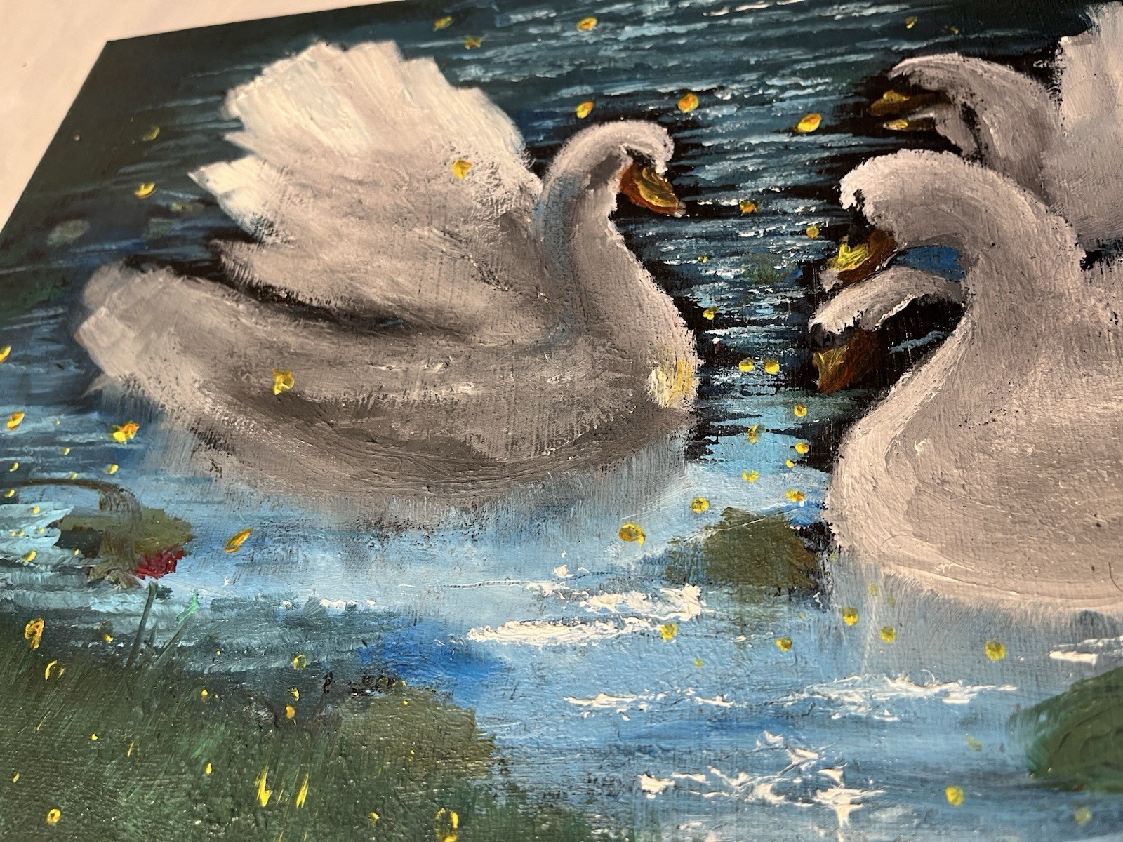Original Impressionist Swans on Water Oil Painting on Canvas