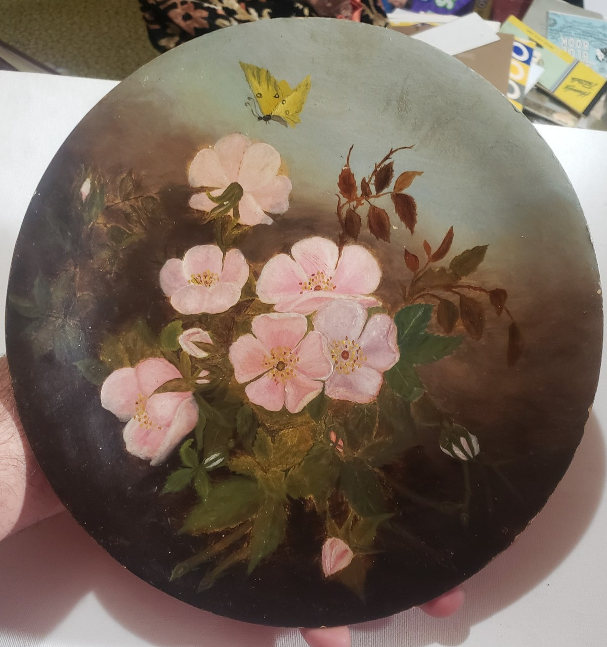 Antique Floral Still Life Painting 1880 Oil on Board Victorian Flowers Butterfly