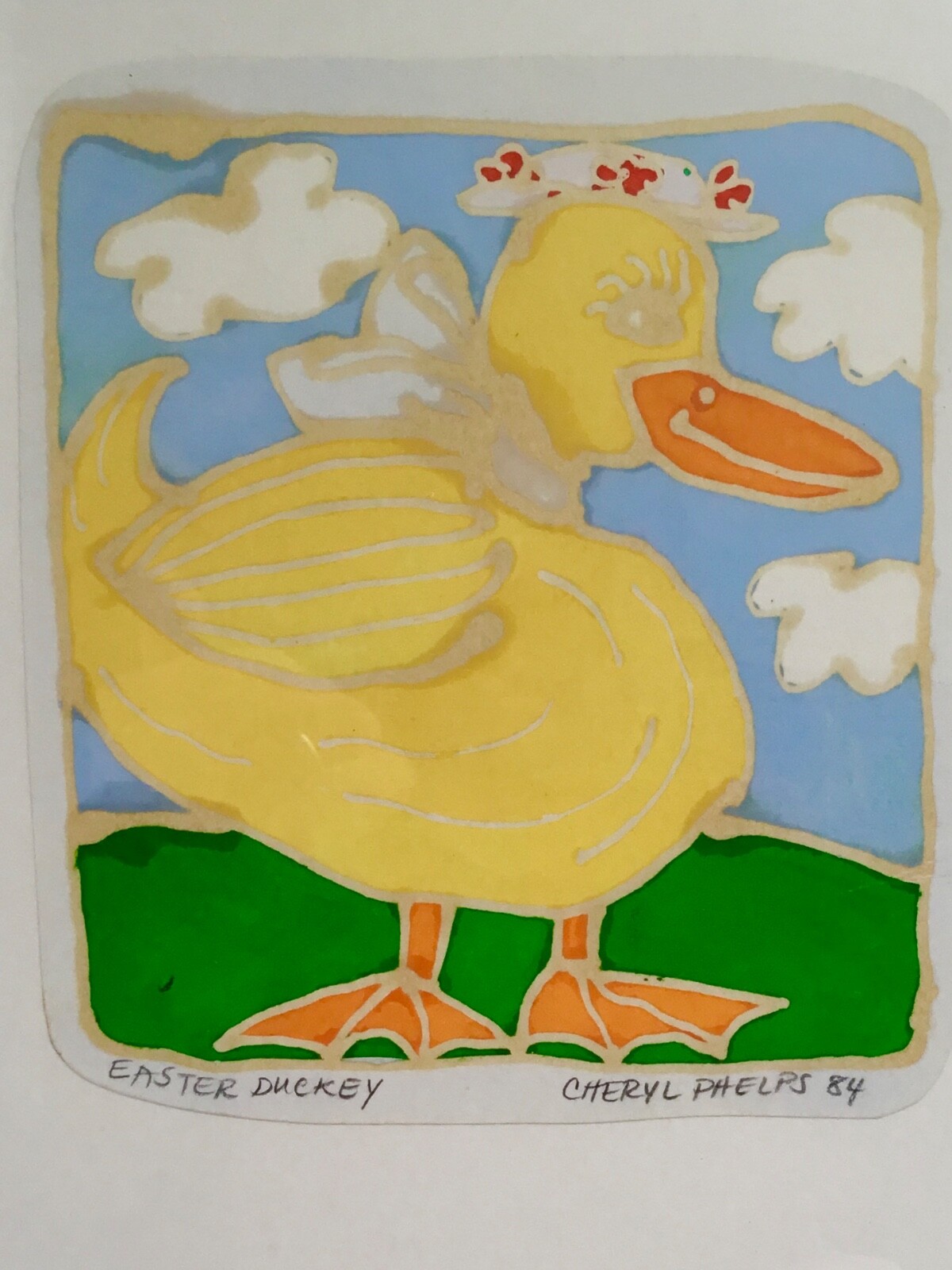 Painting signed green blue yellow glass wax resists framed dated white