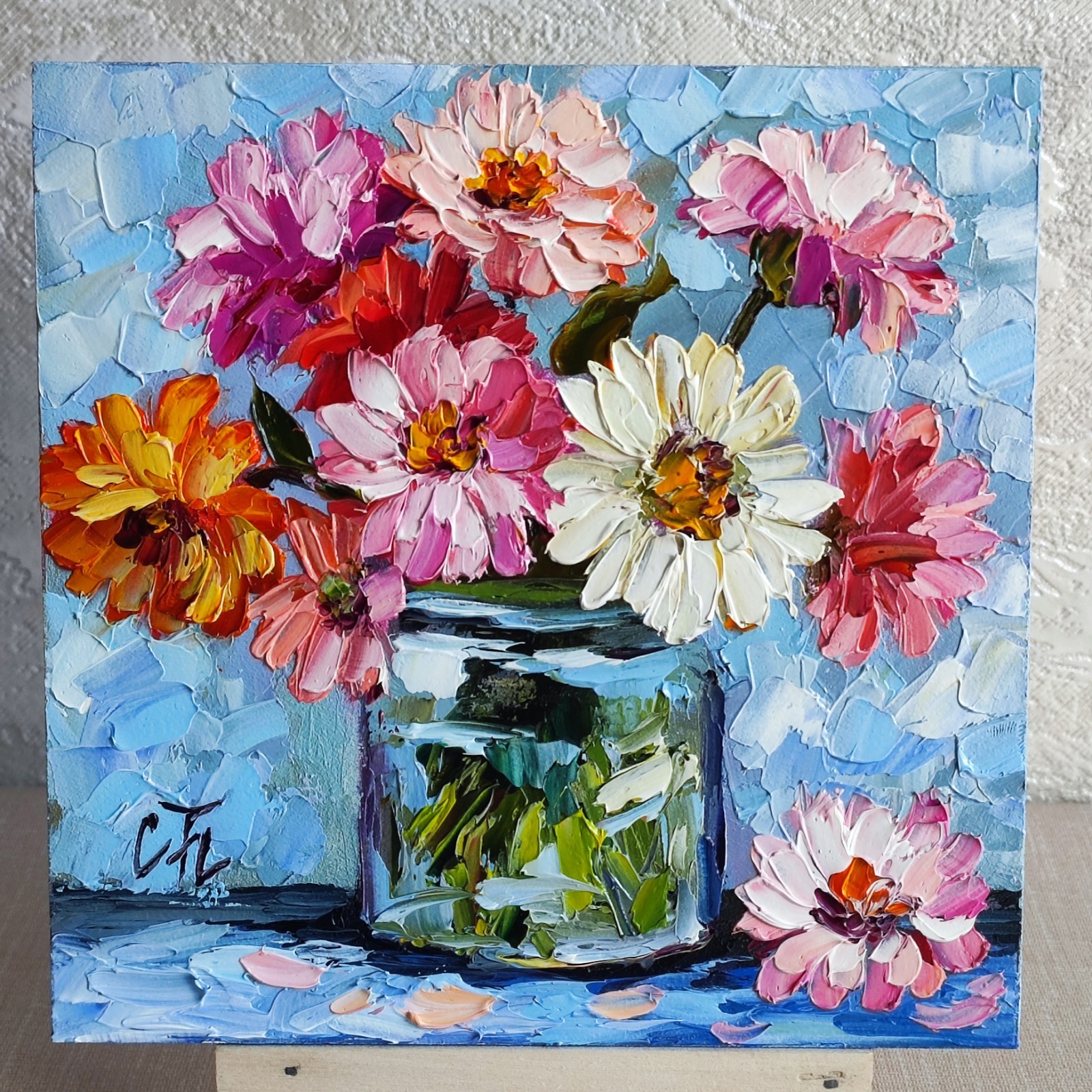 original oil painting Zinnia Colorful Flowers Vase impasto Floral art 6*6 in
