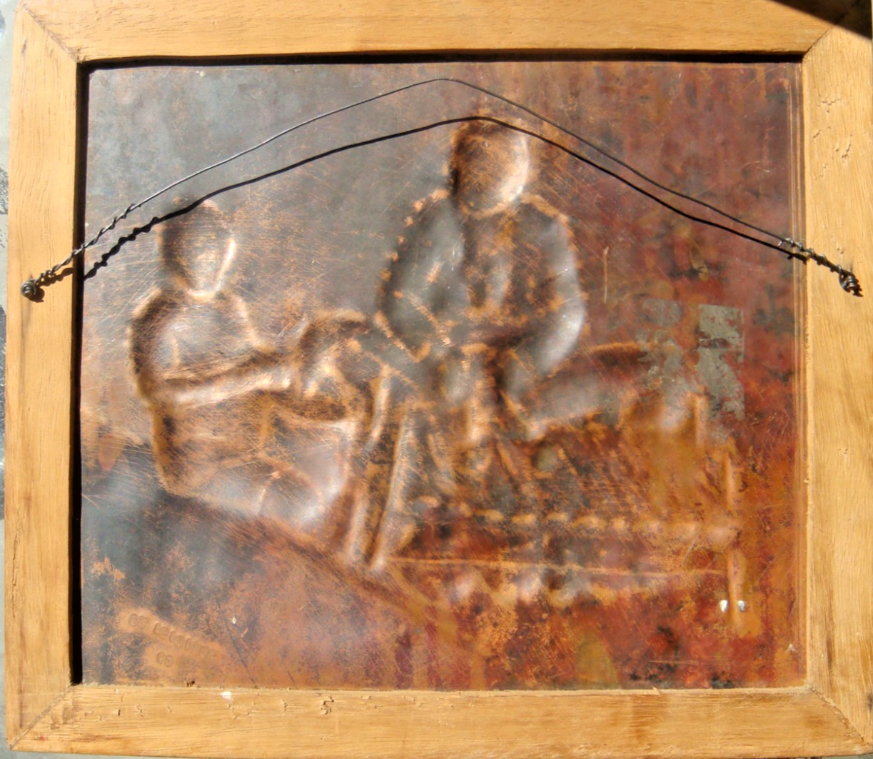 African Relief painting on copper signed by the Congolese artist Guycha Tshidibi