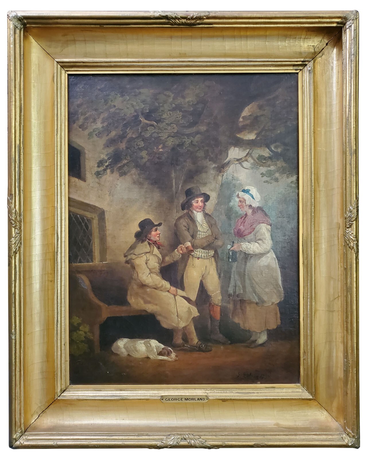 GEORGE MORLAND (London 1763-1804) FIGURES CONVERSING OUTSIDE AN INN OIL PAINTING
