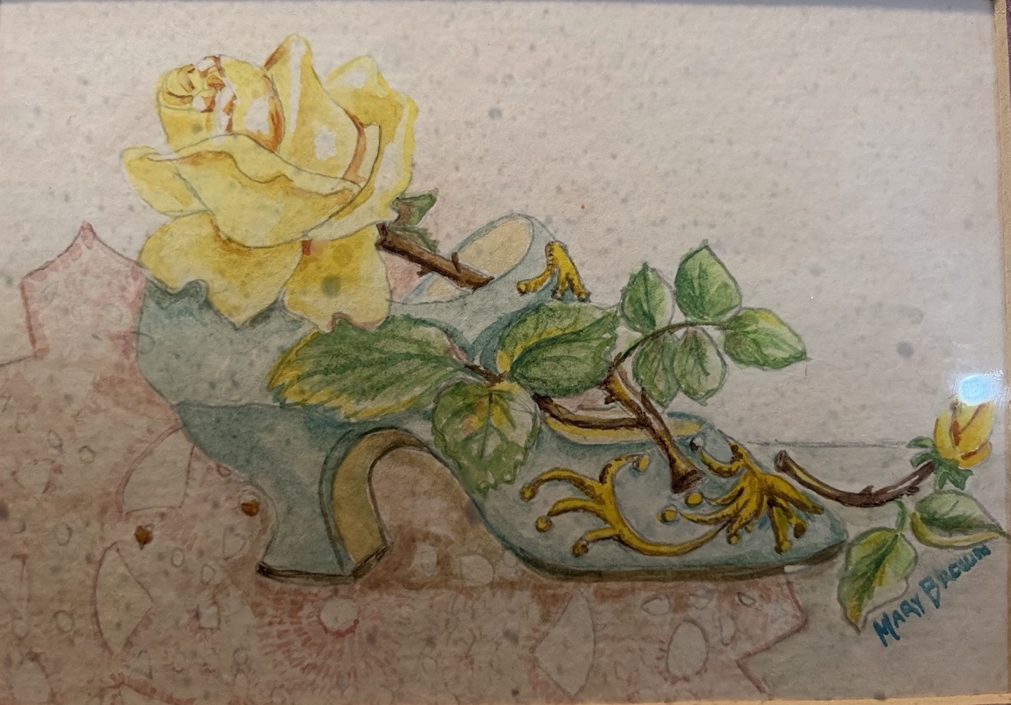 Signed Floral Watercolor Mary Brown Framed Yellow Rose Shoe Still Life