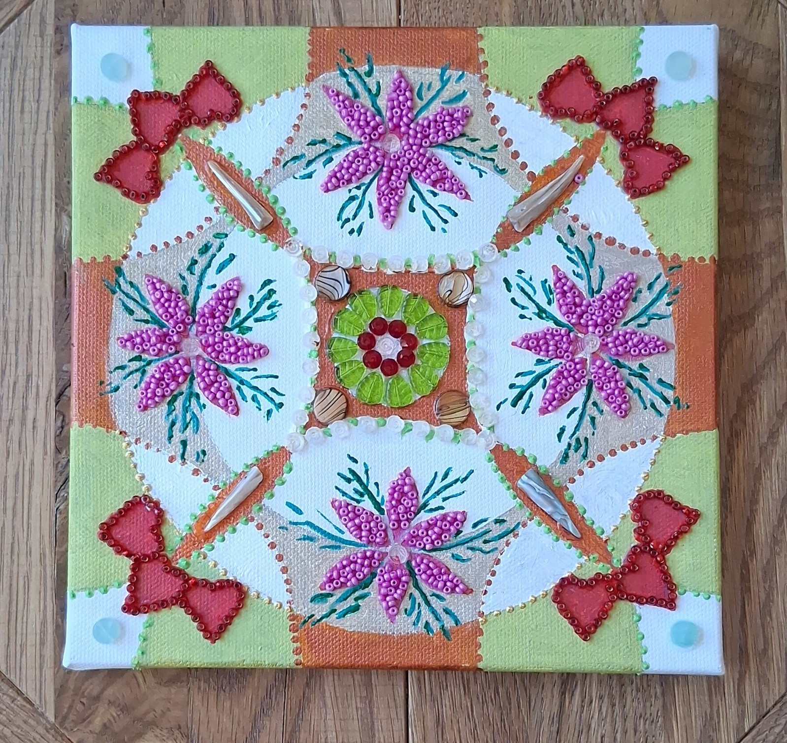C R STRAHAN Original 8×8 Signed Abstract Floral Mixed Media Beads Gems Canvas