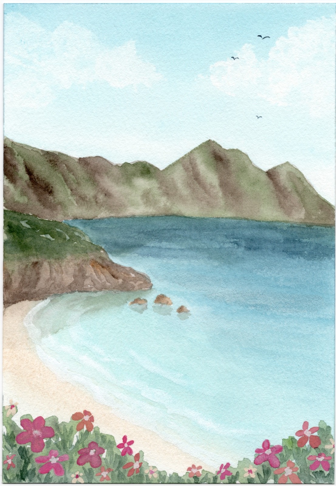 5×7 ORIGINAL Watercolor Painting Hawaiian Island Beach Signed CALMLY CREATE