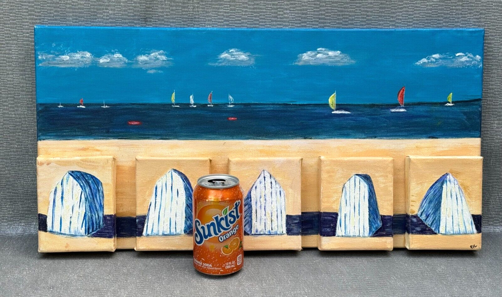 ROL 3D Multi Canvas Beach Seascape Painting Cabanas Sailboats Collage 3-D Ocean
