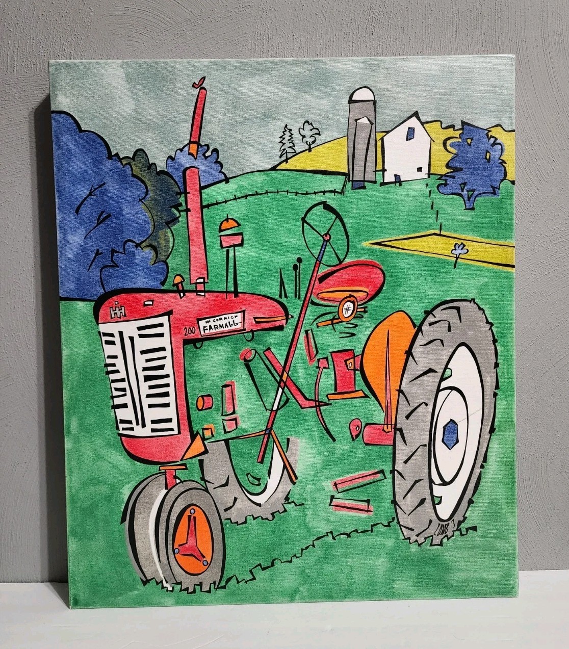 Vtg Acrylic Canvas Painting Curtis Long Tractor Farmall 200 Austin TX Anericana