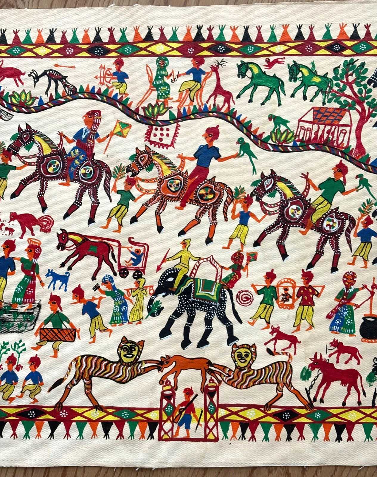 Folk Art Pithora Painting from Gujarat India: Horses, Dieties: 32″ x 20″, EUC