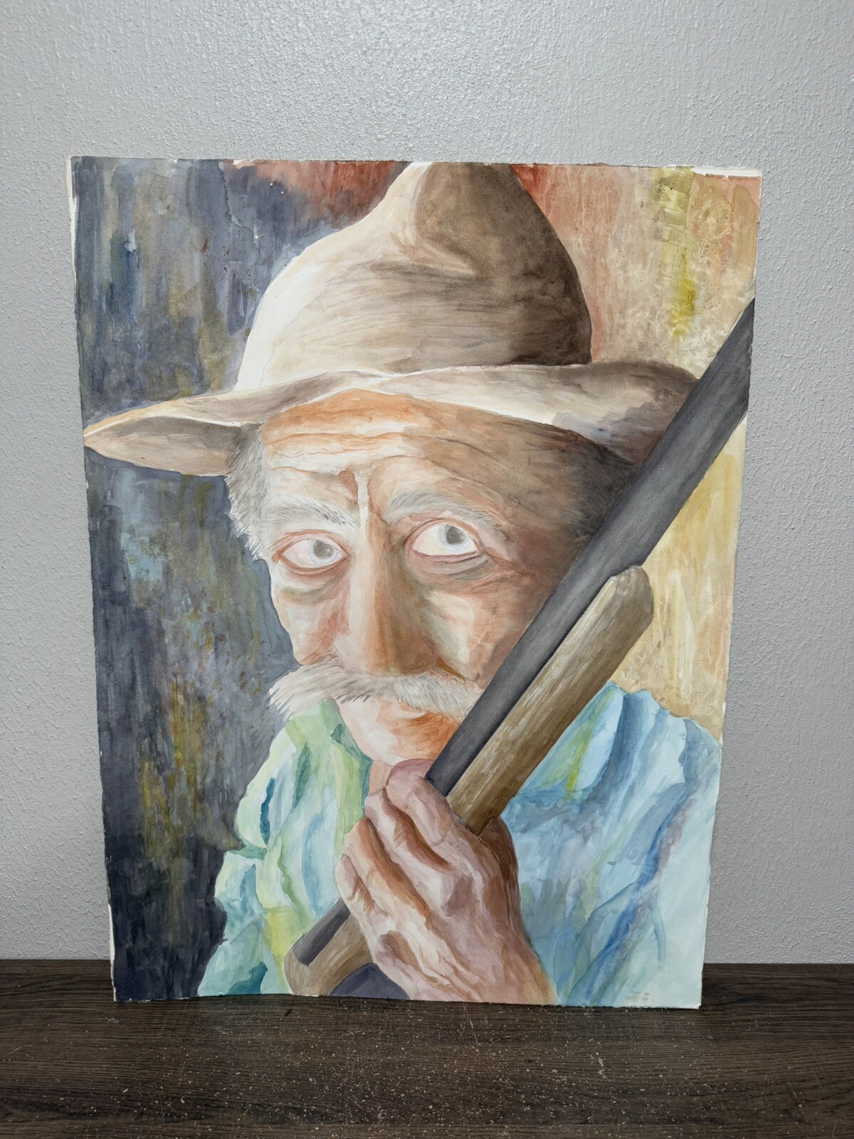 Portrait Of Elderly Cowboy Rancher Holding Rifle Watercolor 22×30” Emma Bookout
