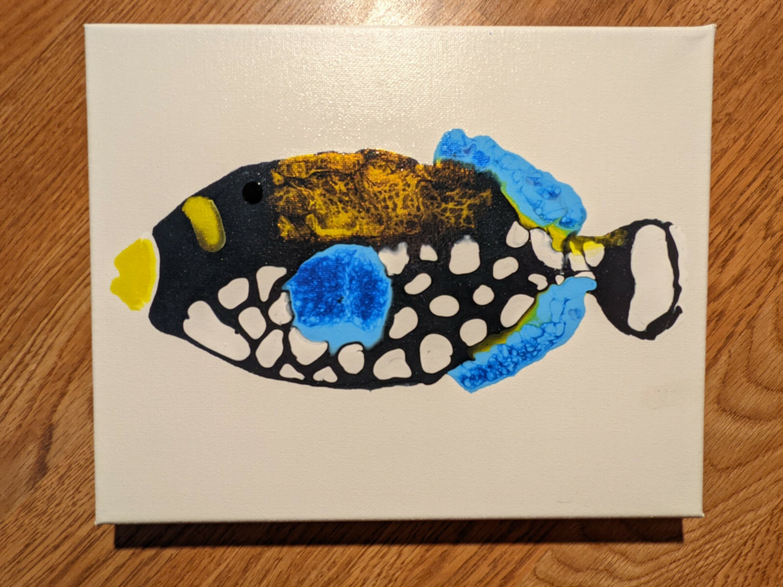 Artisan Acrylic Fluid Pour Painting Of Clown Trigger Fish, 8×10 Stretched Canvas