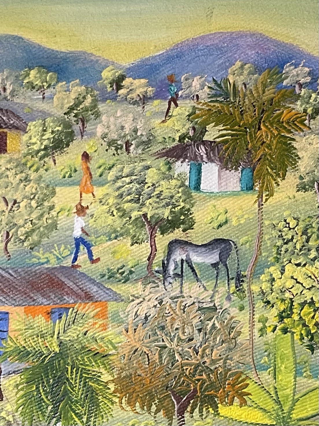 Vintage Ossey Dubic Haitian Folk Art Original Painting Village Life Landscape