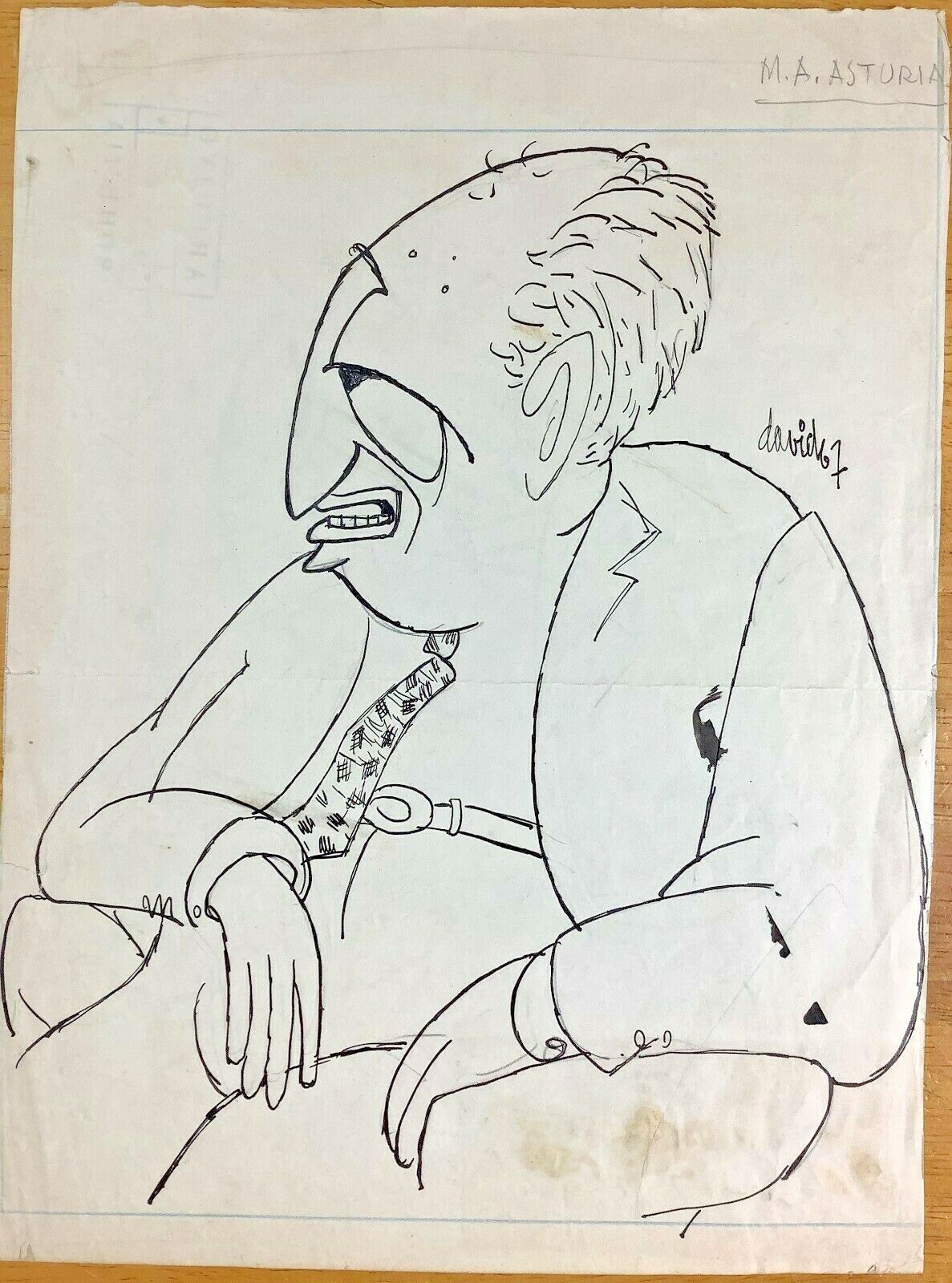 Caricature by Juan David. Miguel Angel Asturias, 1967. Original signed. Ink.