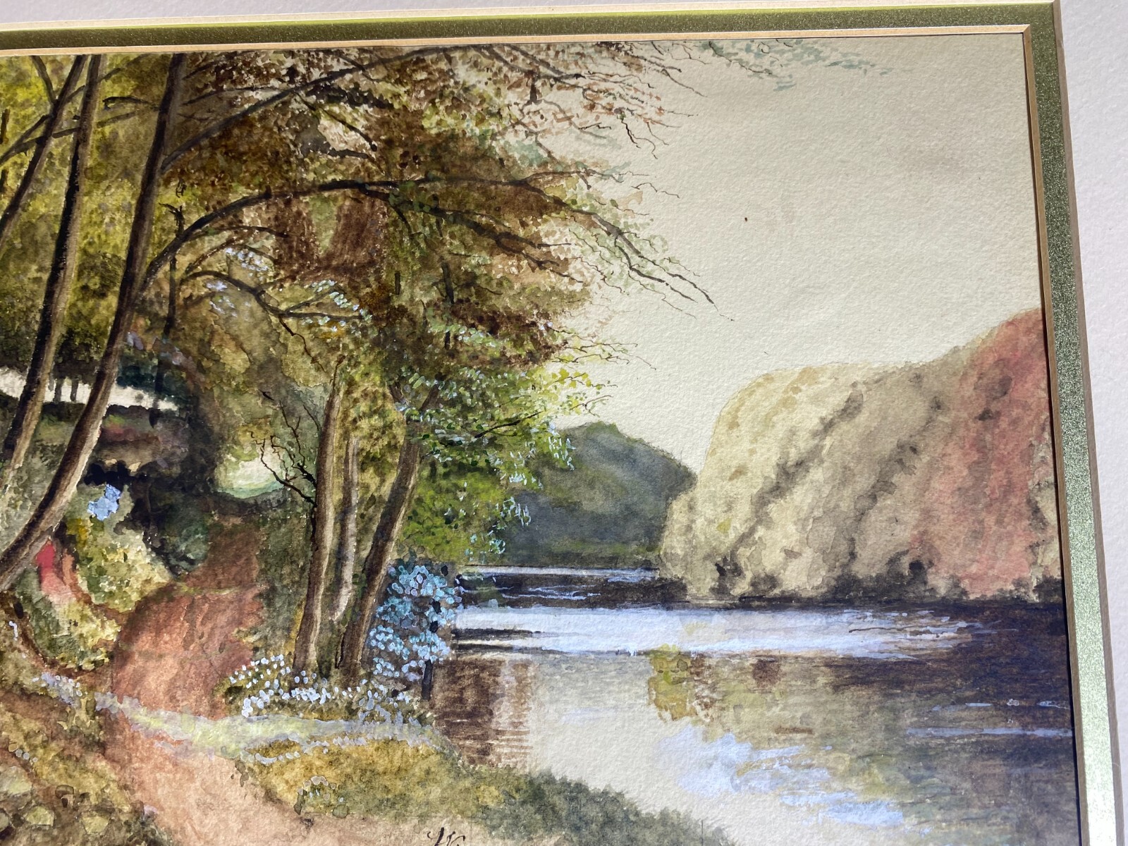 Antique W Higher «River Landscape Scene» Watercolor Painting – Signed And Framed